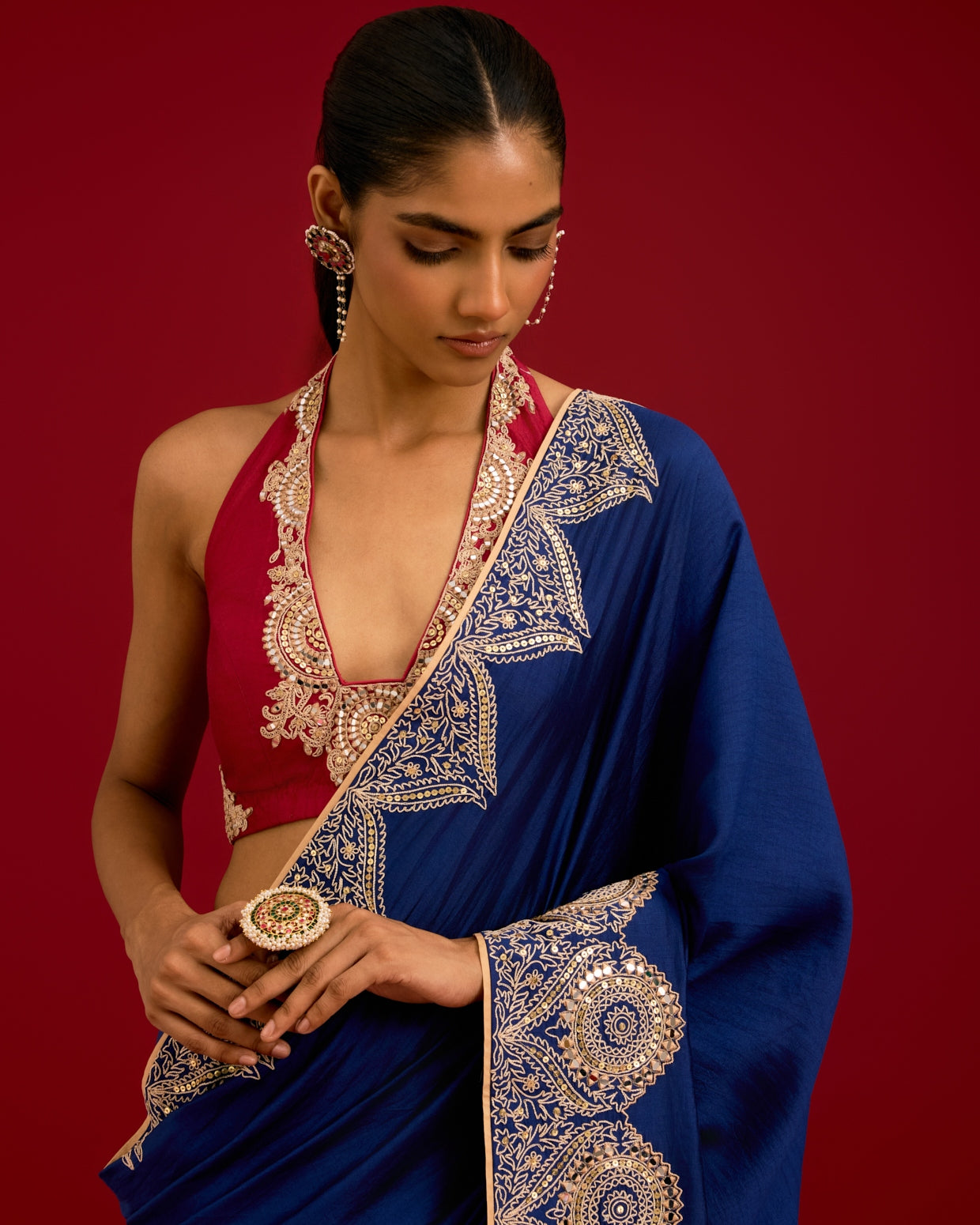 Navy Blue Embroidered Chinniya Silk Sari Set