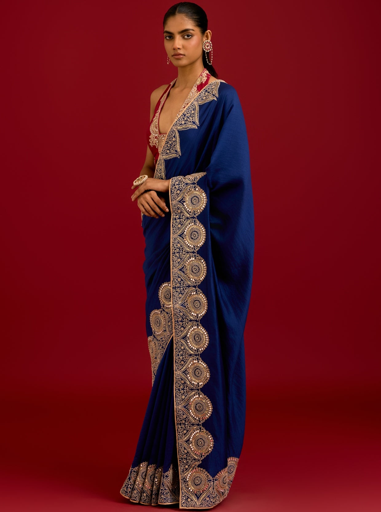 Navy Blue Embroidered Chinniya Silk Sari Set