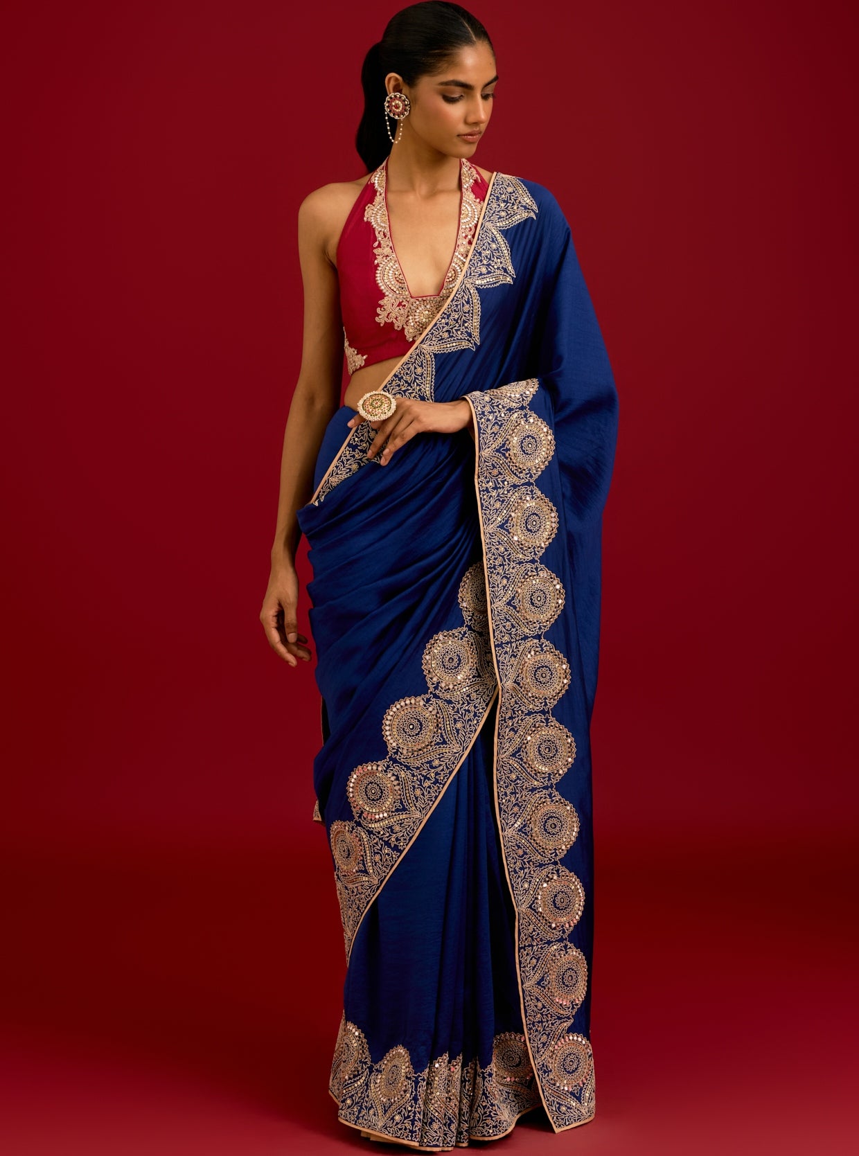 Navy Blue Embroidered Chinniya Silk Sari Set
