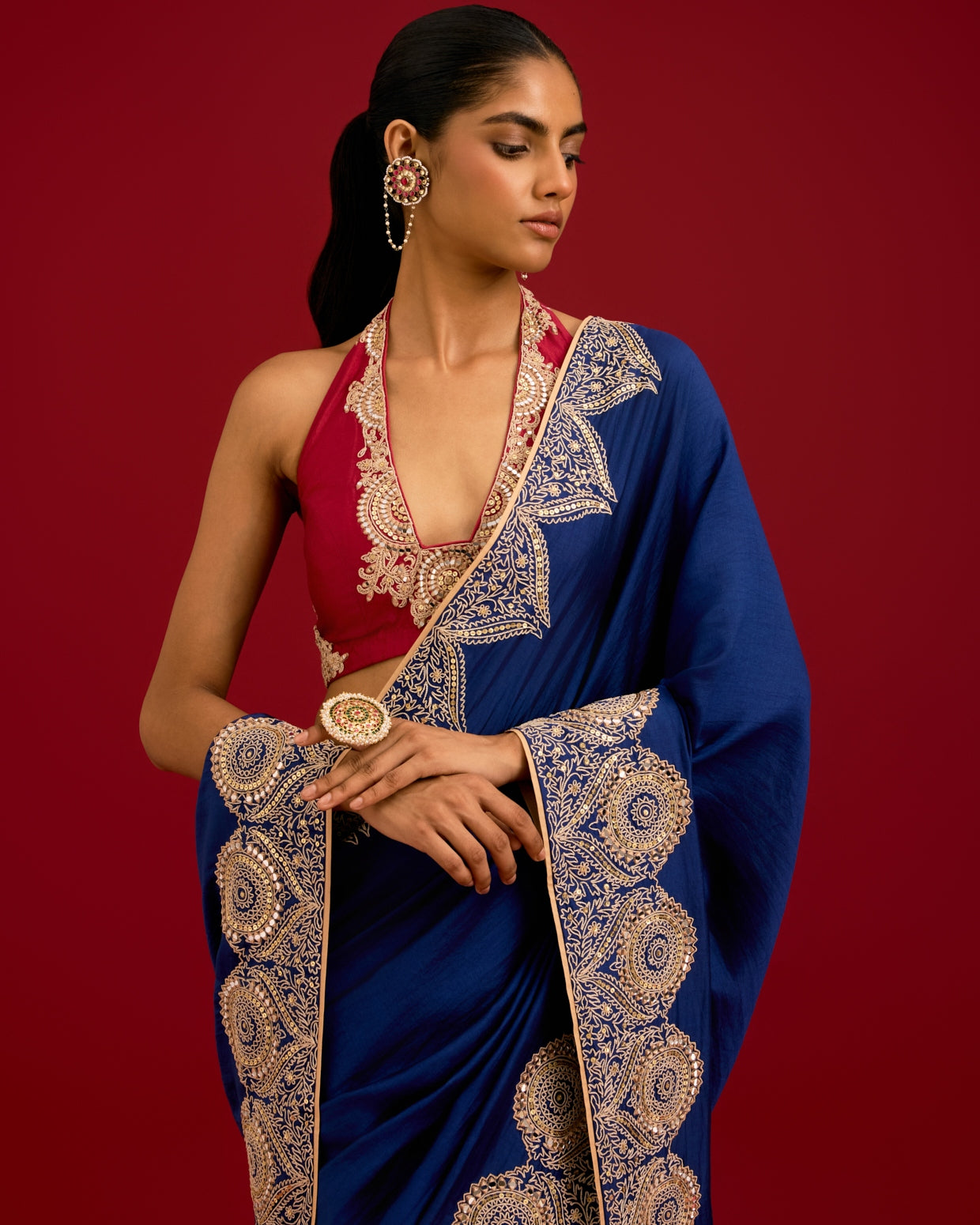 Navy Blue Embroidered Chinniya Silk Sari Set