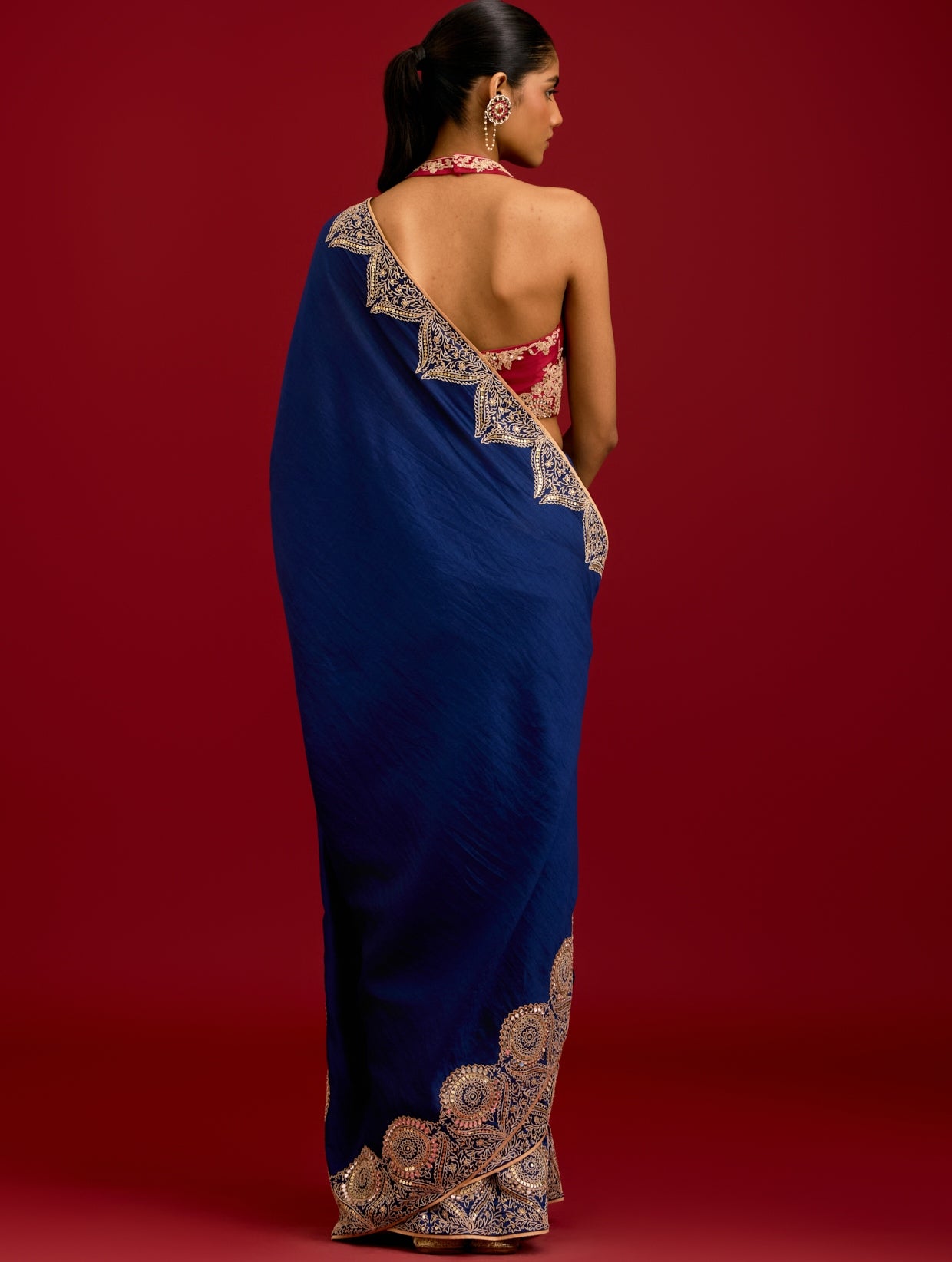 Navy Blue Embroidered Chinniya Silk Sari Set