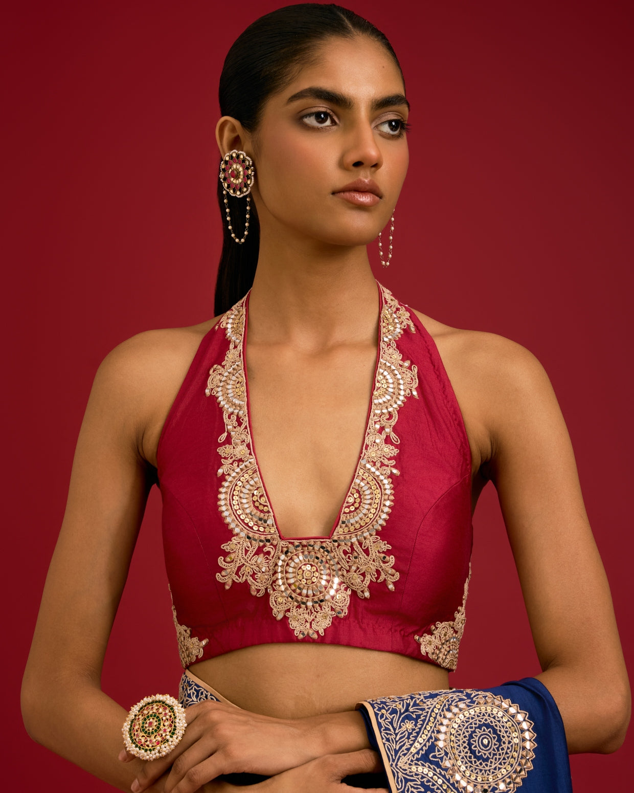 Navy Blue Embroidered Chinniya Silk Sari Set