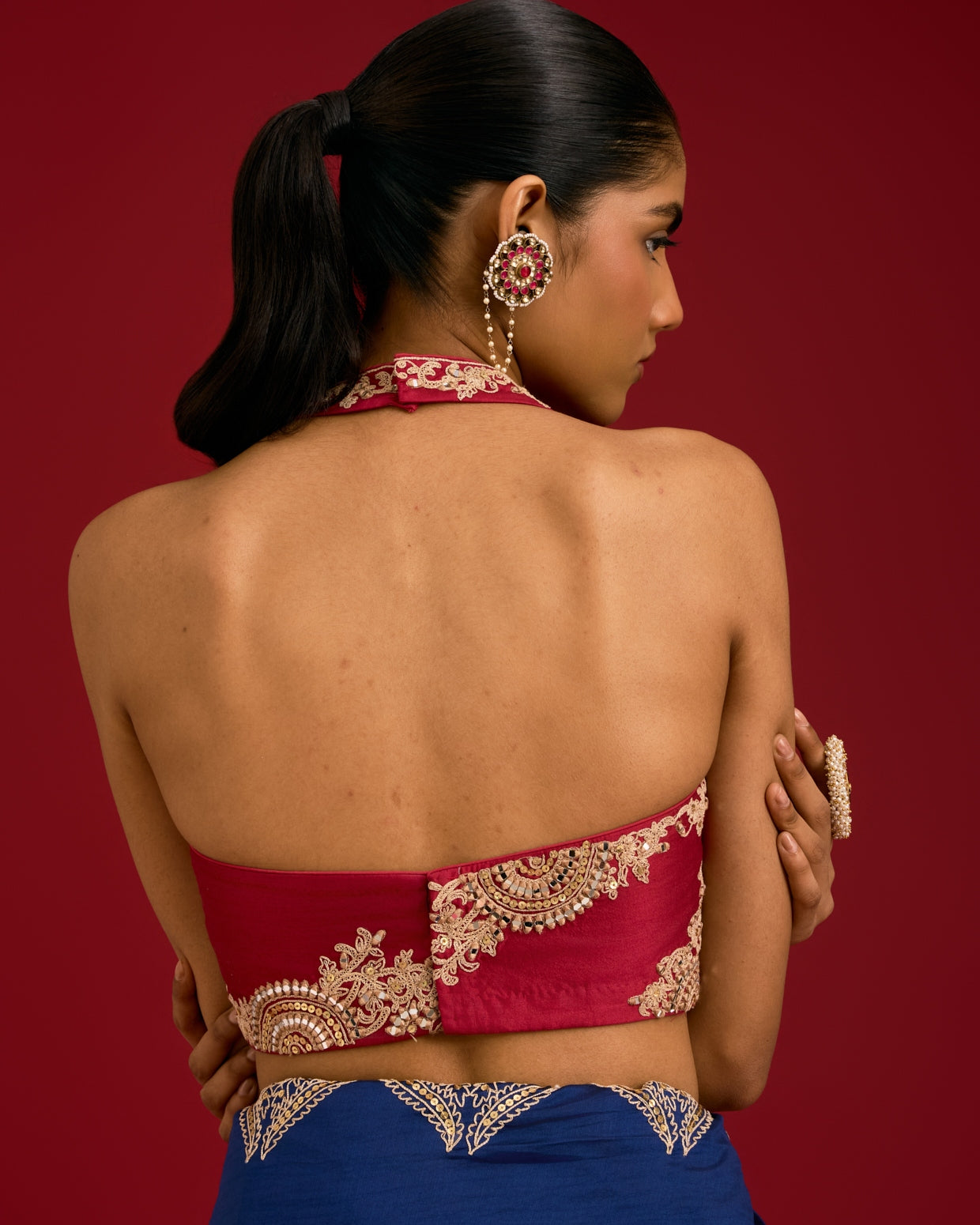 Navy Blue Embroidered Chinniya Silk Sari Set