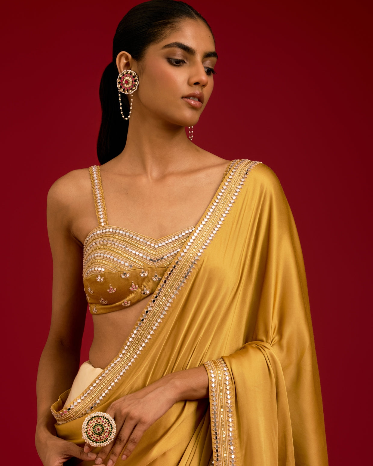 Mustard Embroidered Modal Satin Sari Set