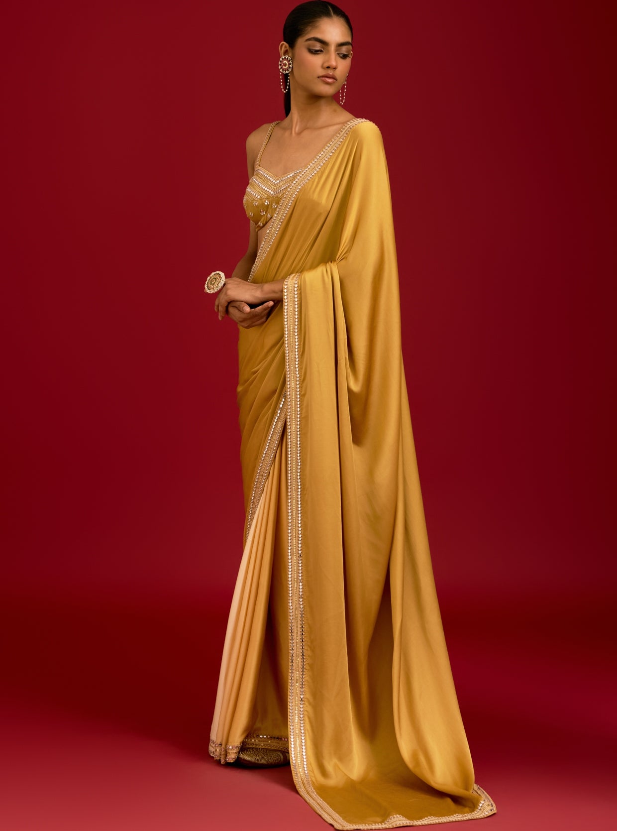Mustard Embroidered Modal Satin Sari Set
