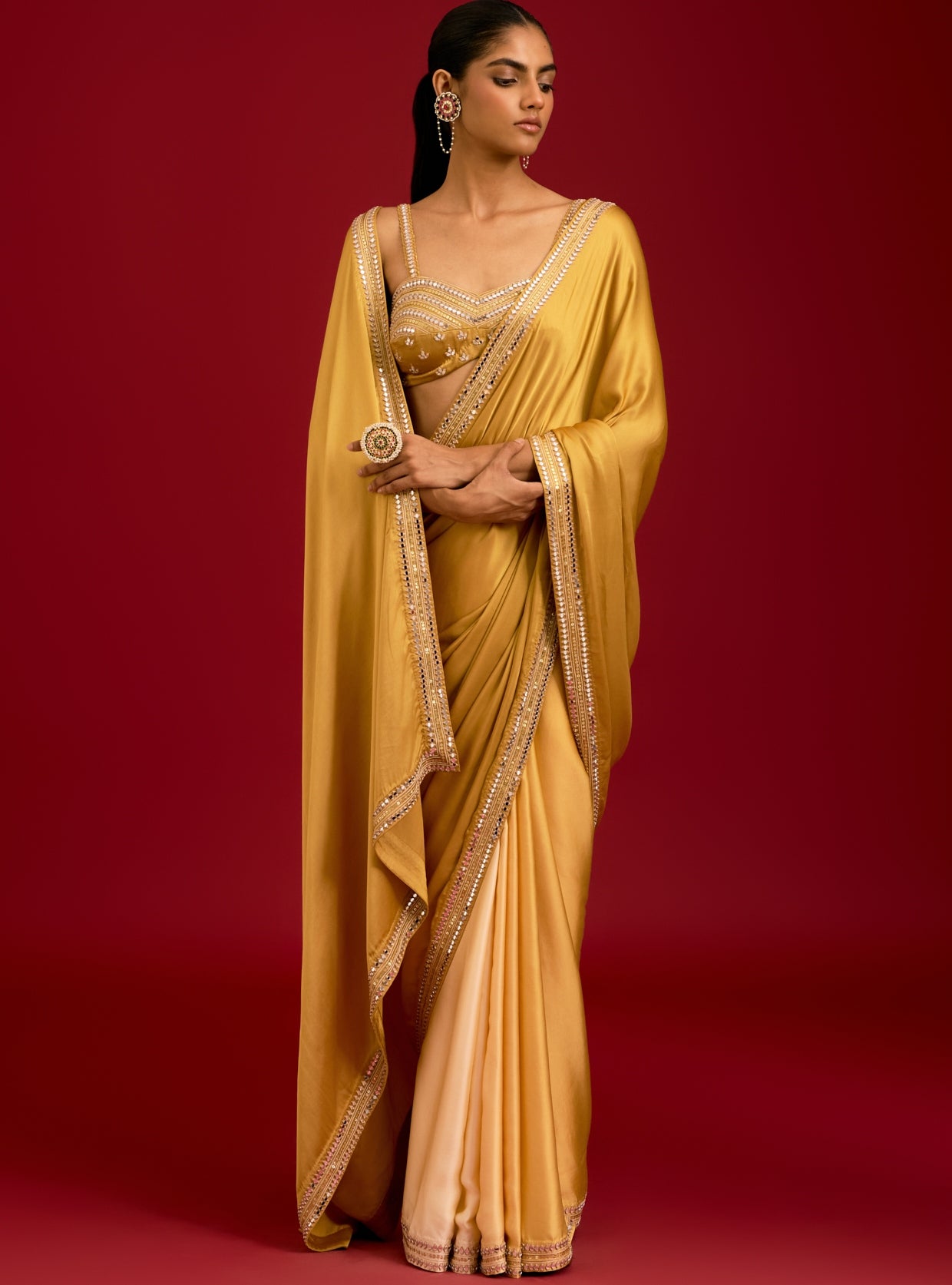 Mustard Embroidered Modal Satin Sari Set