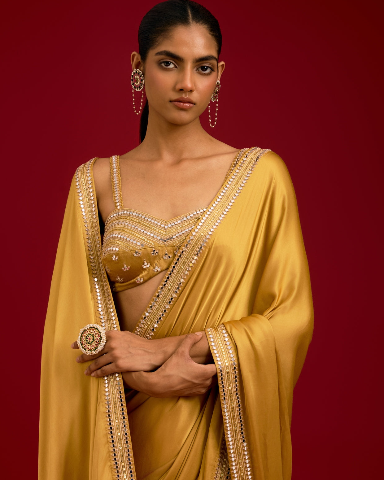 Mustard Embroidered Modal Satin Sari Set
