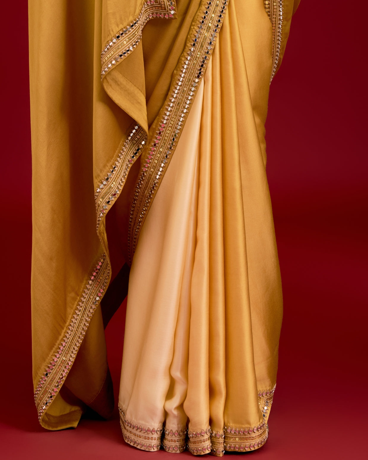 Mustard Embroidered Modal Satin Sari Set