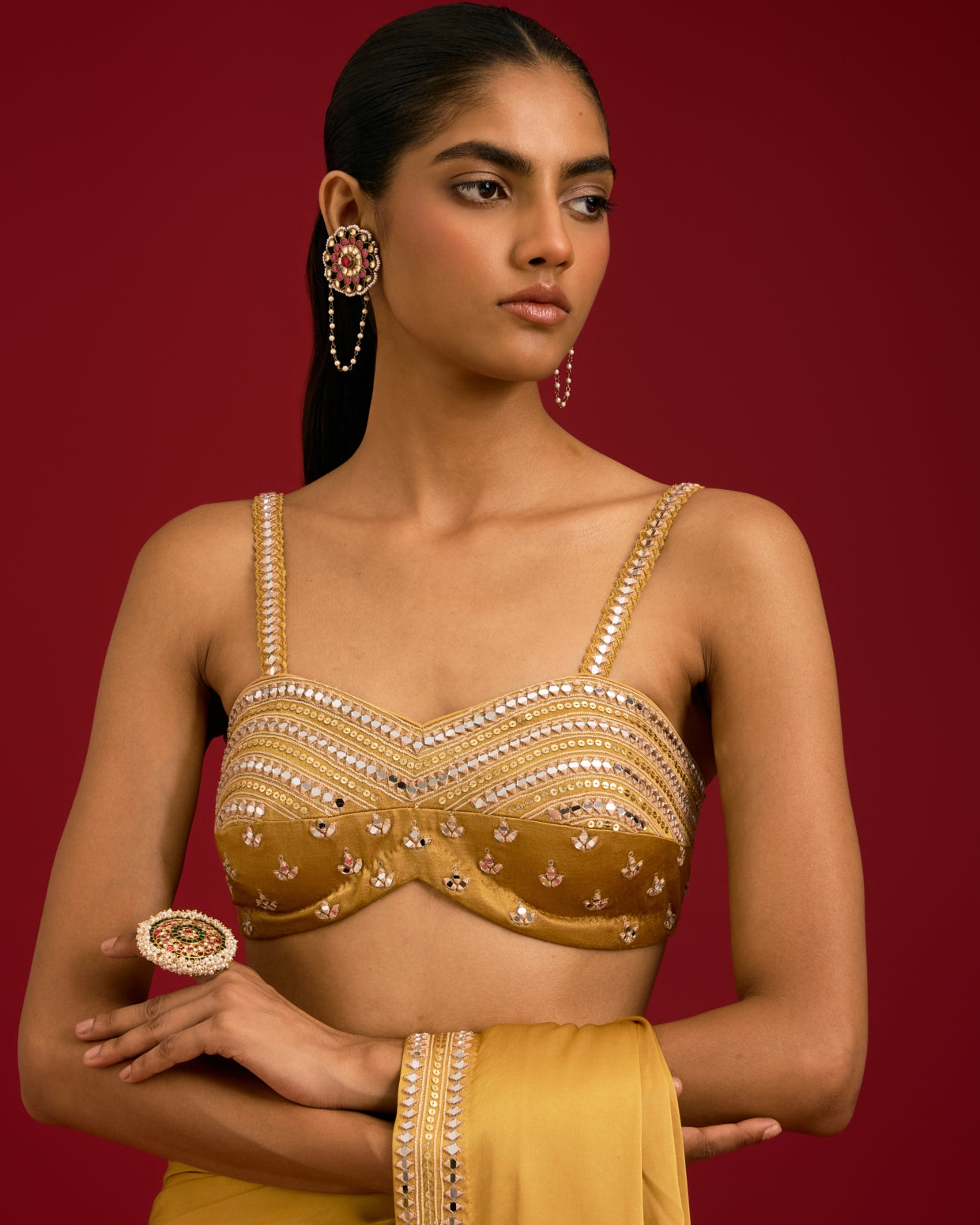 Mustard Embroidered Modal Satin Sari Set