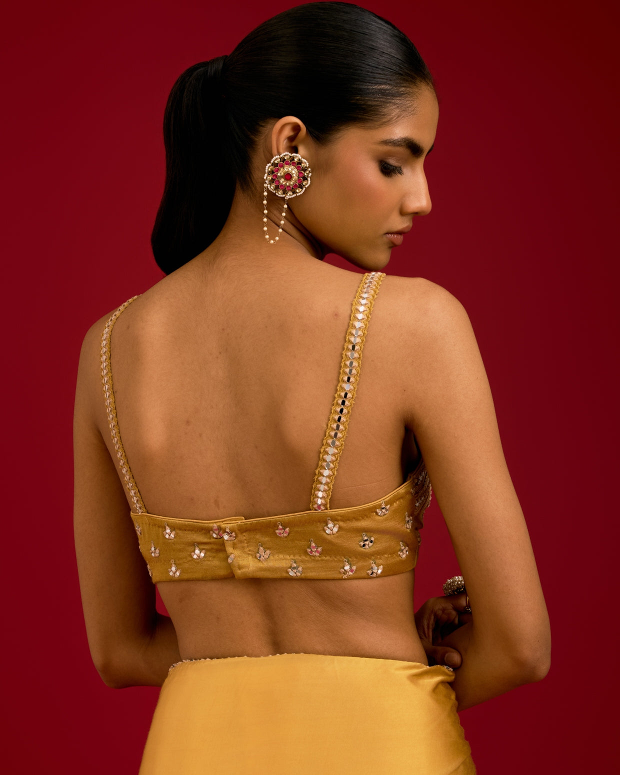 Mustard Embroidered Modal Satin Sari Set