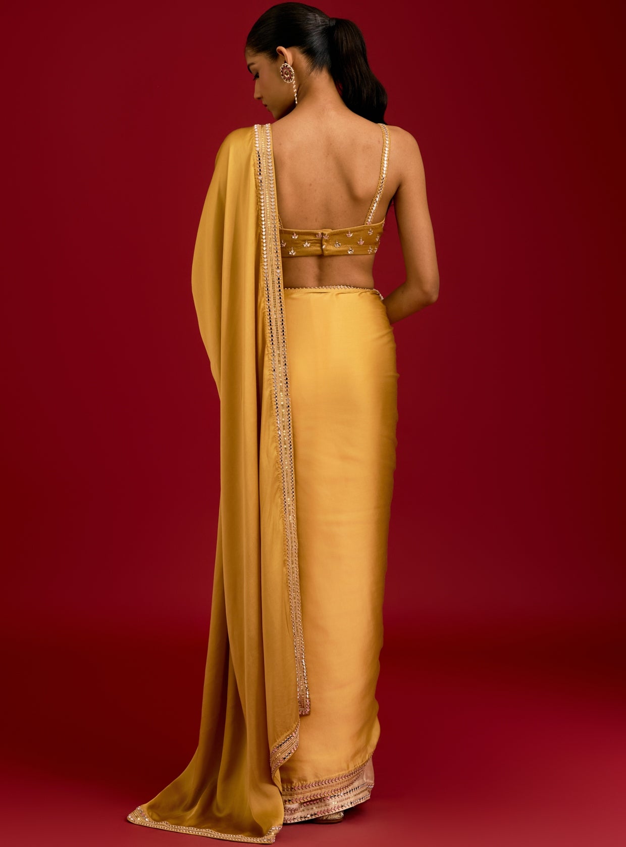 Mustard Embroidered Modal Satin Sari Set