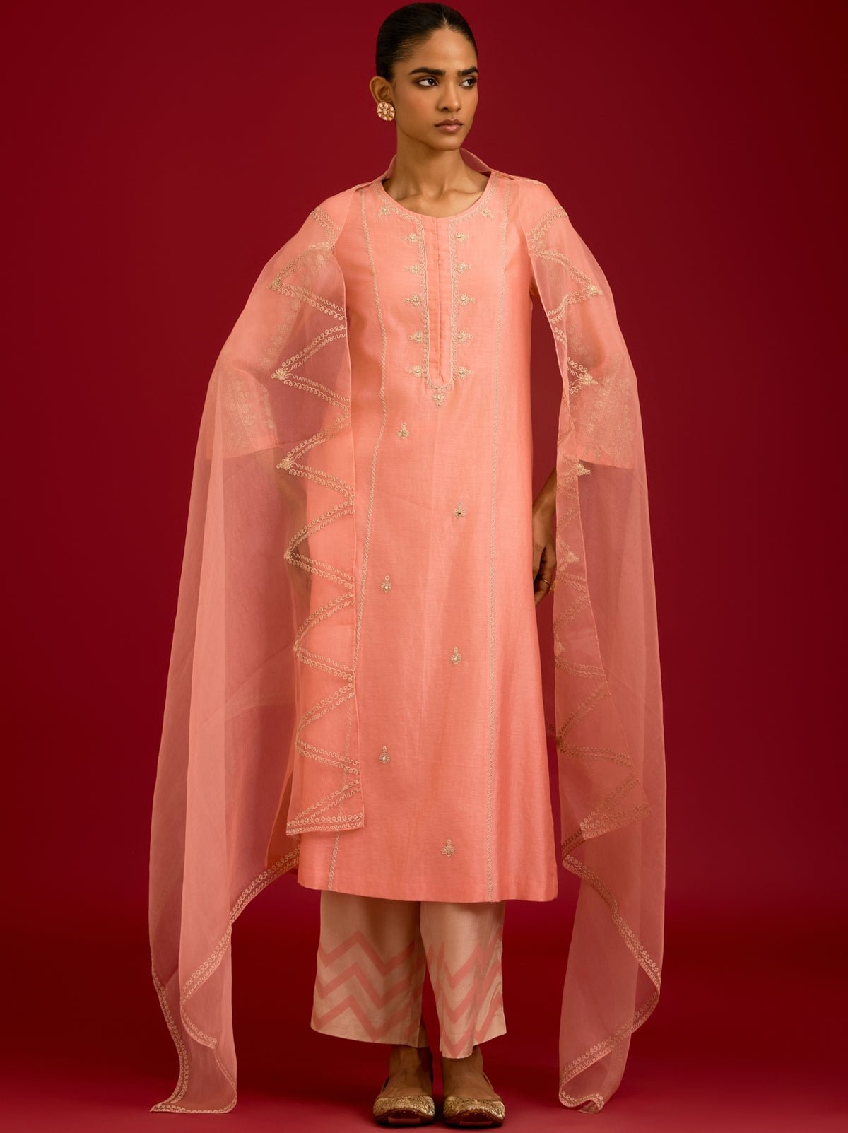 Pink Silk Chanderi Sequins, Mirror And Dori Embroidered Kurta Set