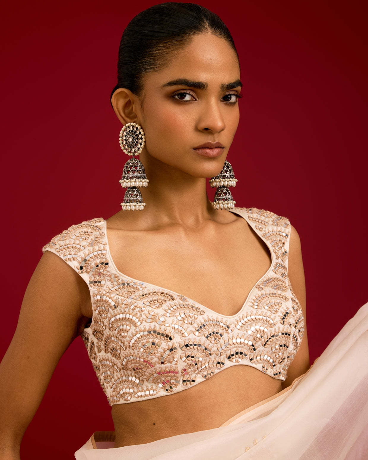 Ivory Embroidered Modal Satin Sari Set