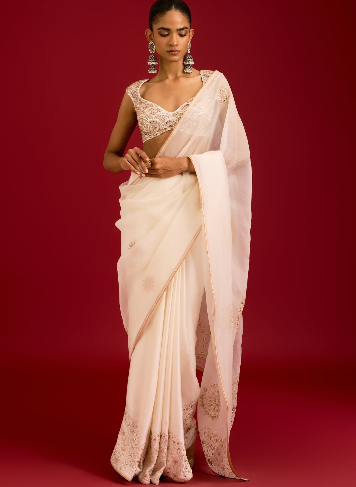 Ivory Embroidered Modal Satin Sari Set