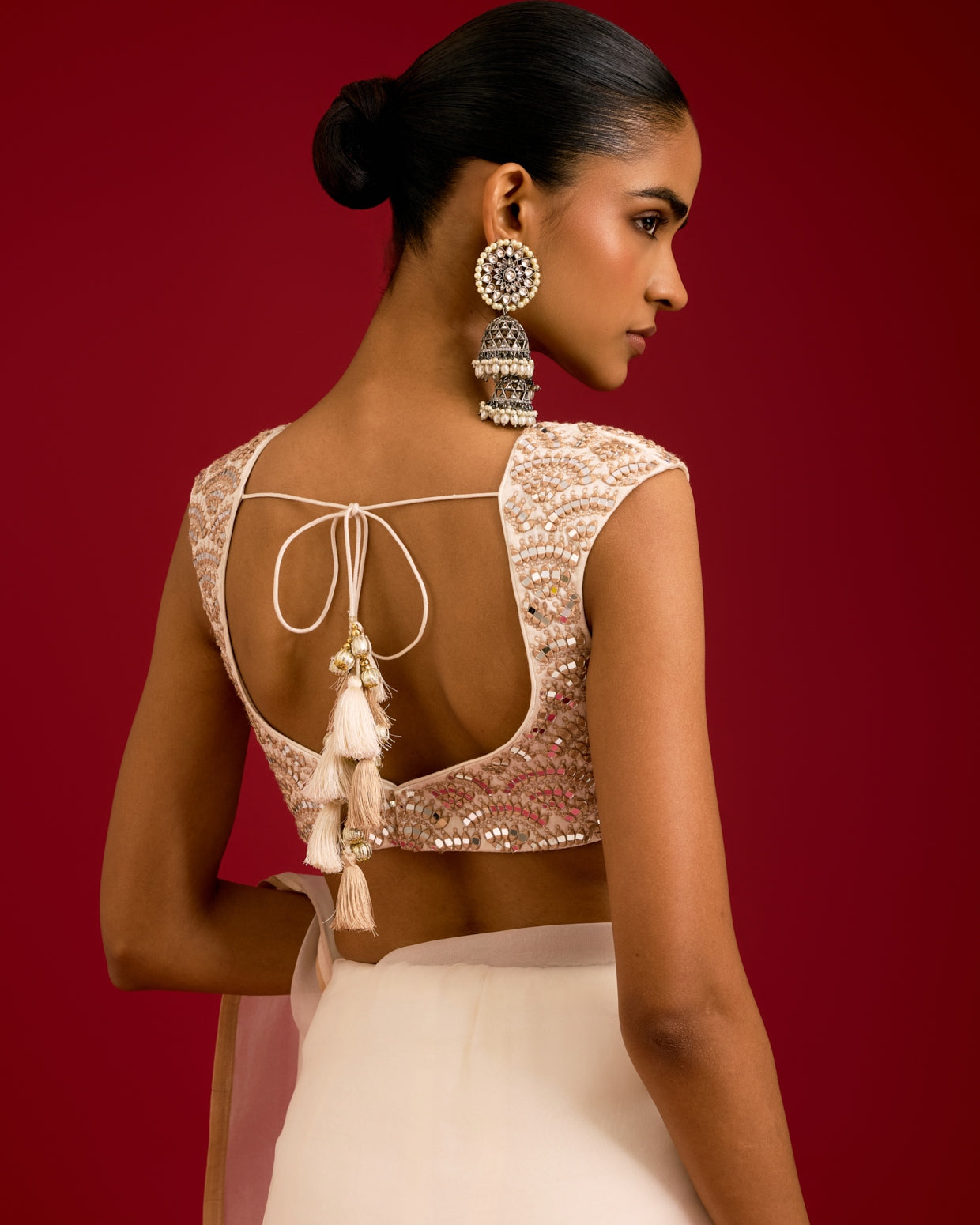 Ivory Embroidered Modal Satin Sari Set