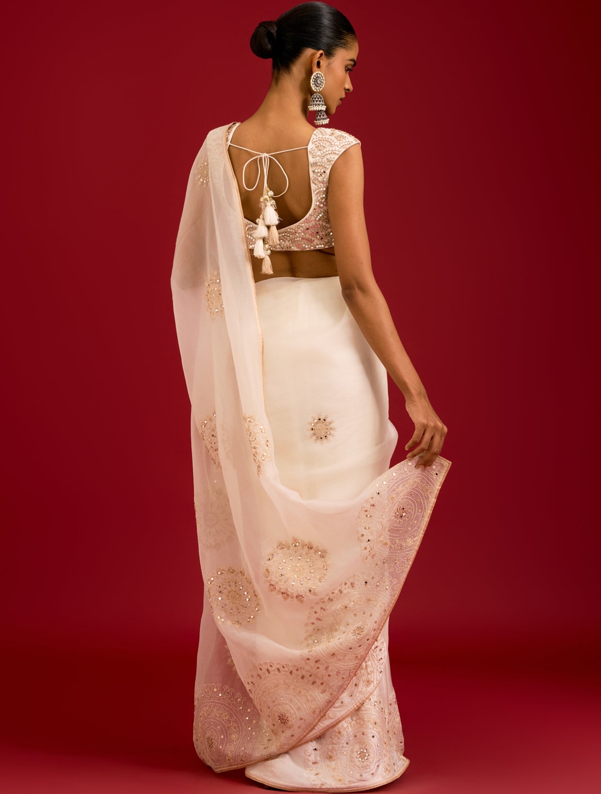 Ivory Embroidered Modal Satin Sari Set