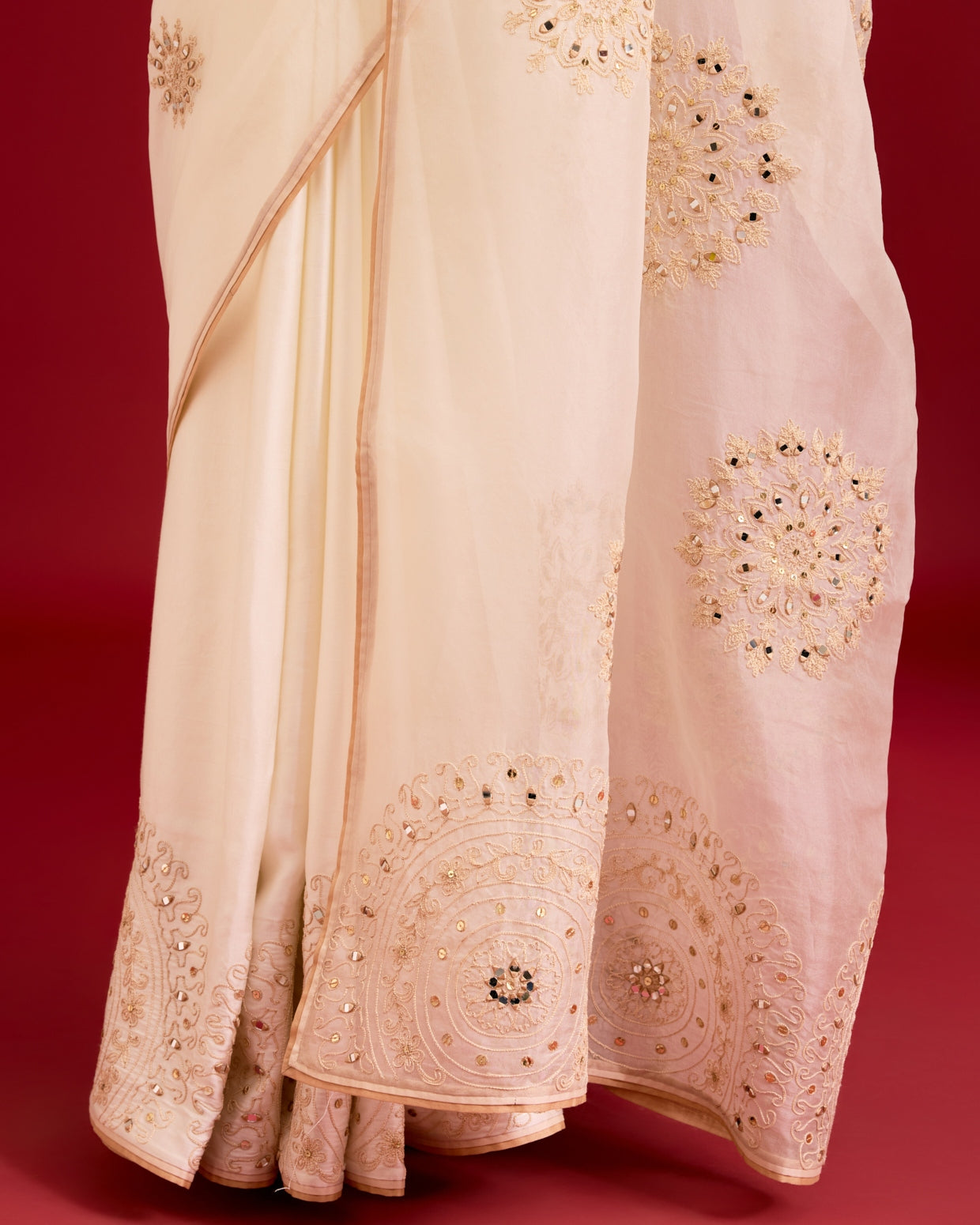 Ivory Embroidered Modal Satin Sari Set