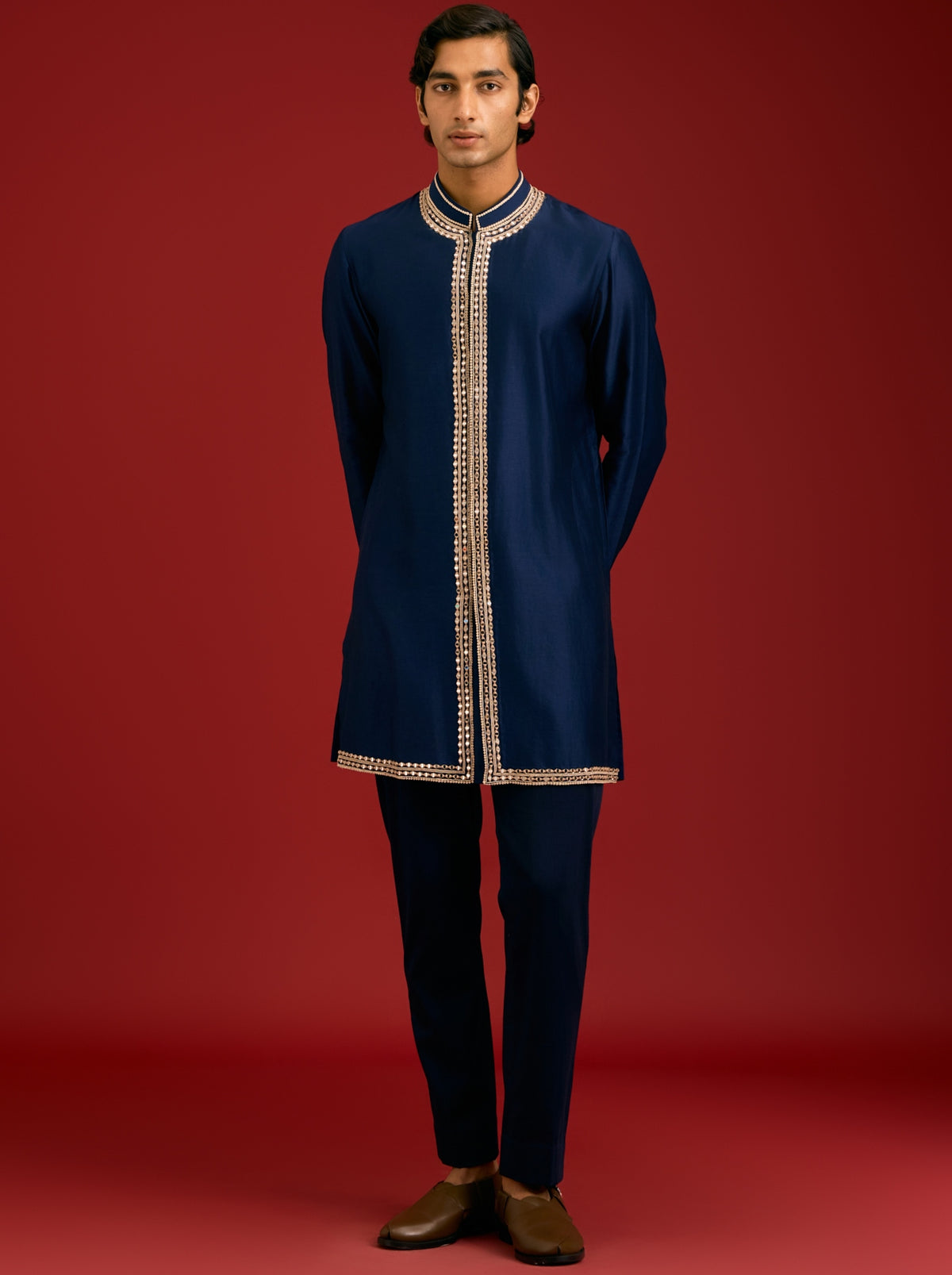 Navy Chanderi Cotton Sequins And Mirror Work Kurta Set