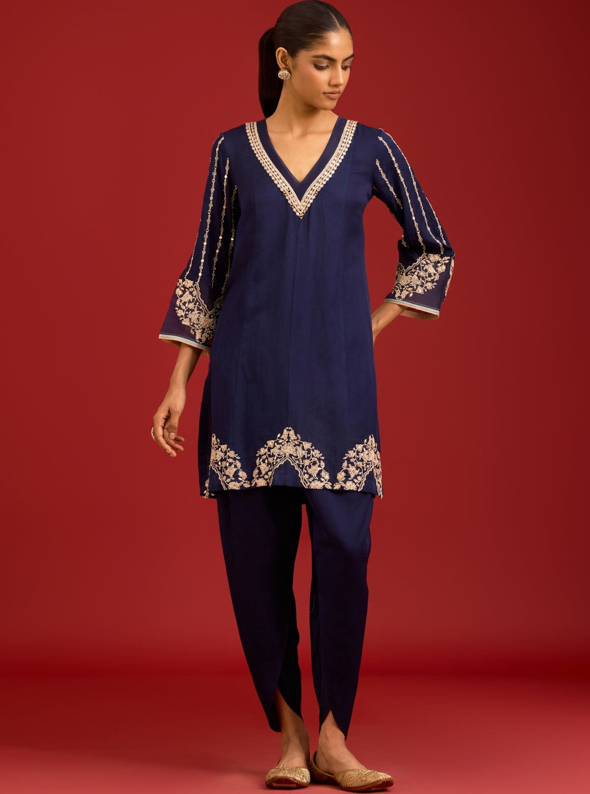 Navy Blue Cotton Silk Satin Sequins, Mirror And Dori Embroidered Kurta Set