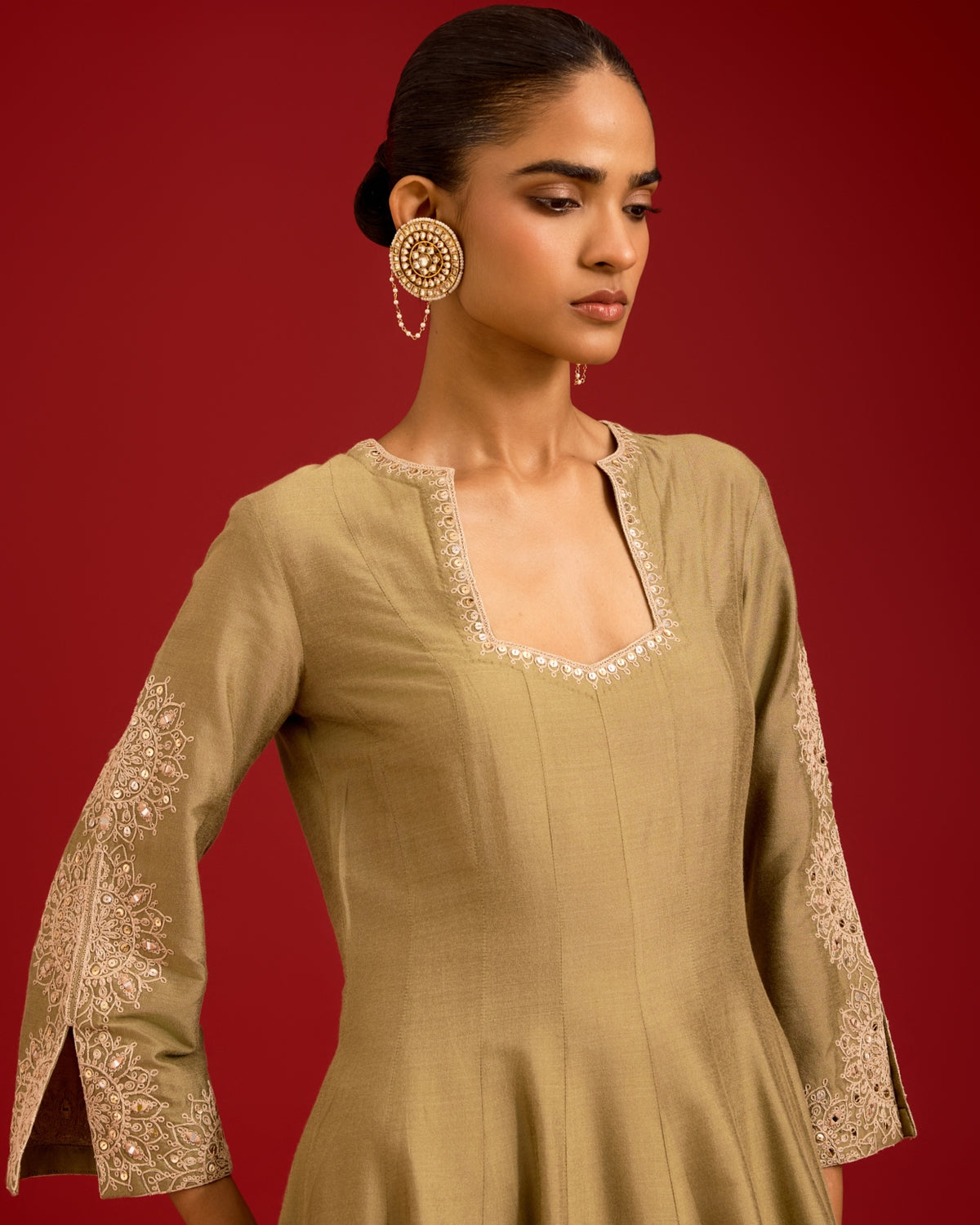 Pistachio Green Cotton Silk Blend Sequins, Mirror And Dori Embroidered Anarkali Set