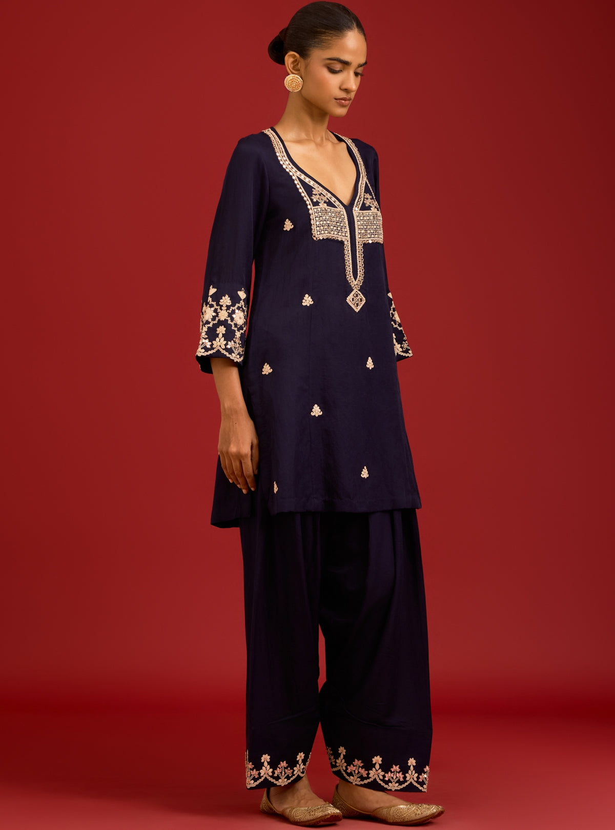 Navy Cotton Satin Sequins, Mirror And Dori Embroidered Kurta Set
