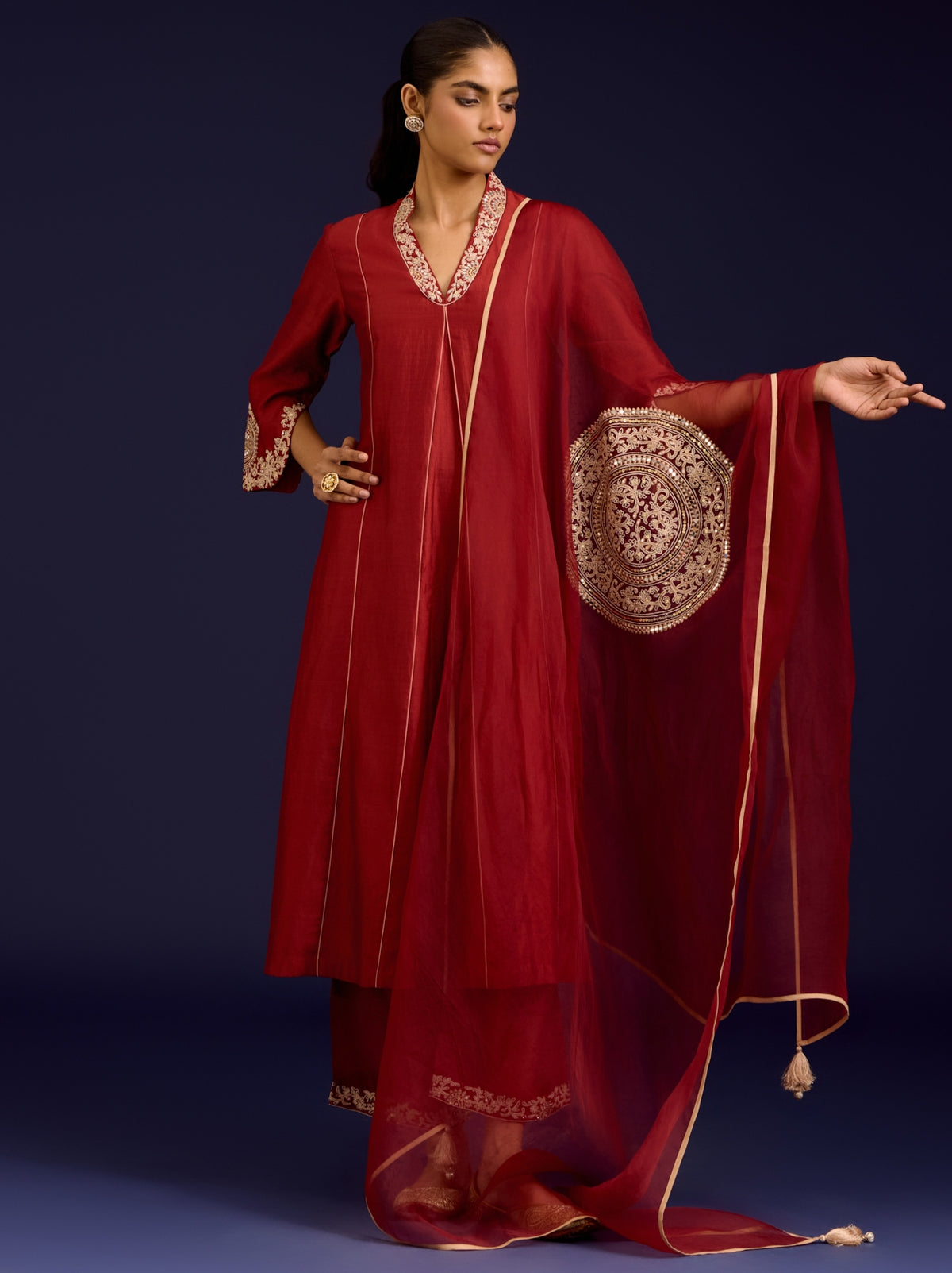 Rust Chinniya Silk Sequins, Mirror And Dori Embroidered Kurta Set