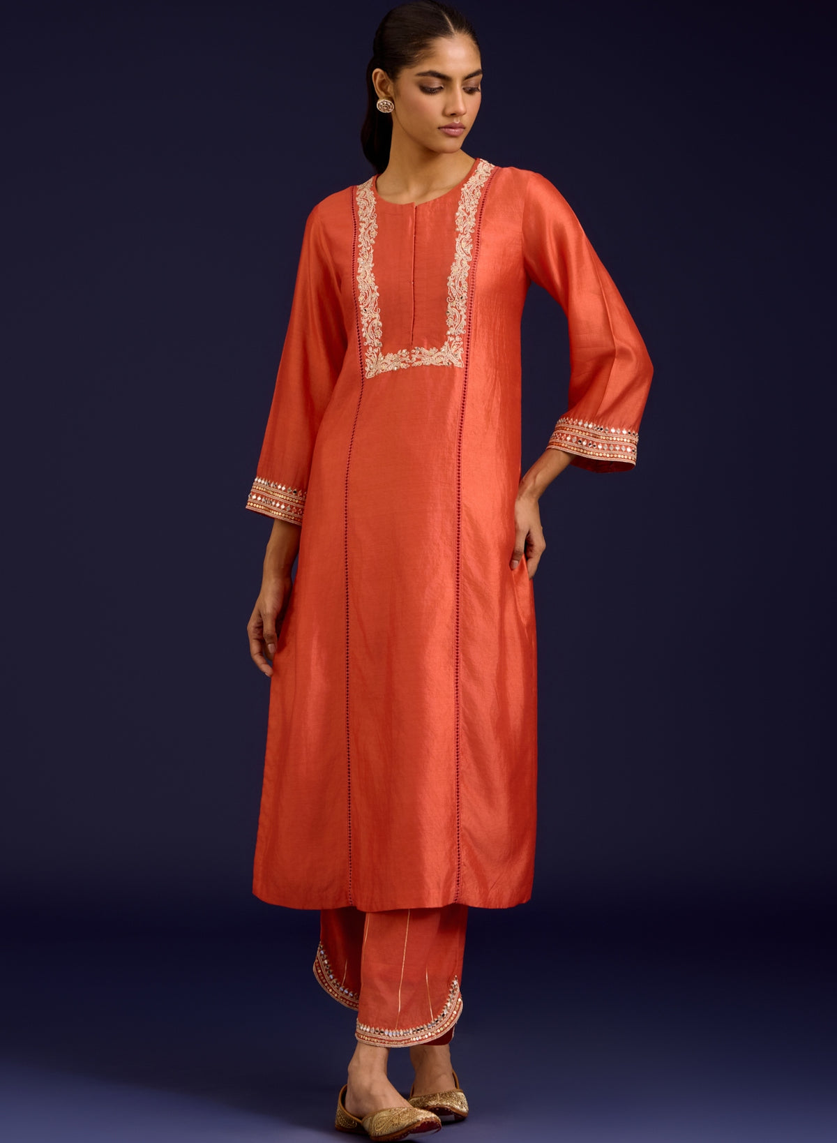 Orange Chinniya Silk Sequins, Mirror And Dori Embroidered Kurta Set