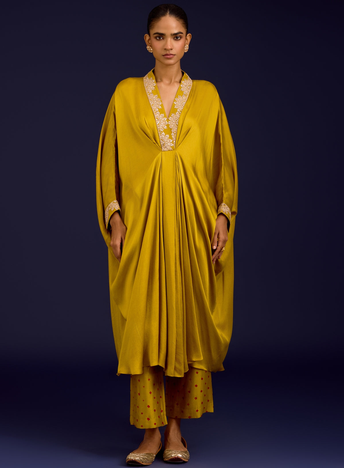 Mustard Modal Satin Sequins, Mirror And Dori Embroidered Kaftan Set