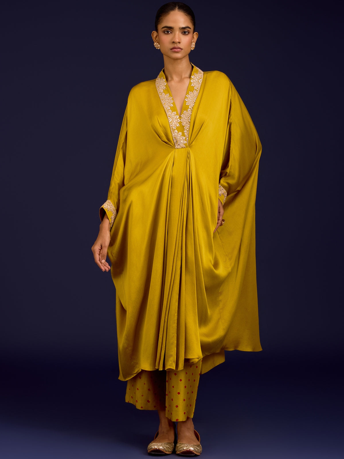 Mustard Modal Satin Sequins, Mirror And Dori Embroidered Kaftan Set