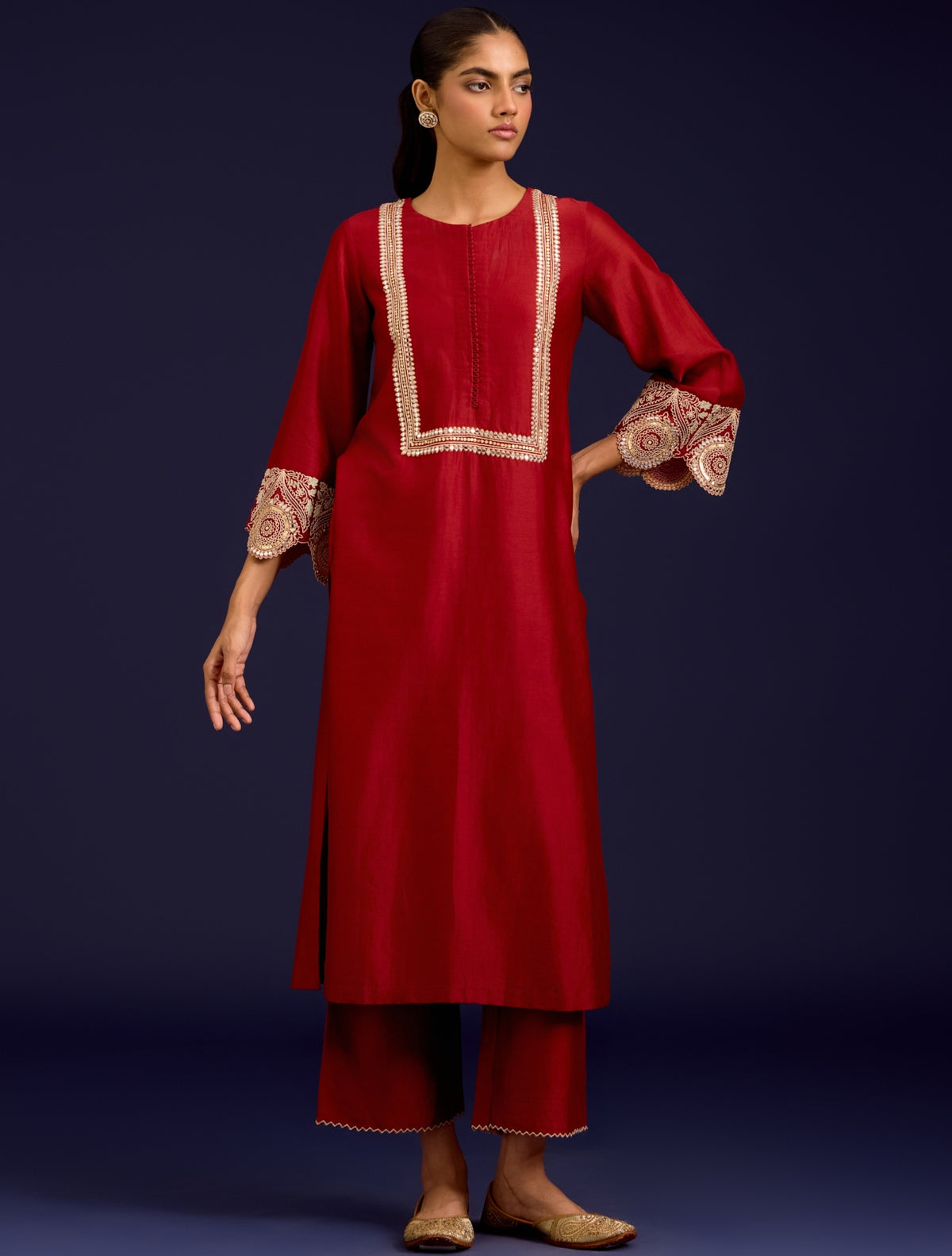 Rust Sequins, Mirror And Dori Embroidered Kurta Set