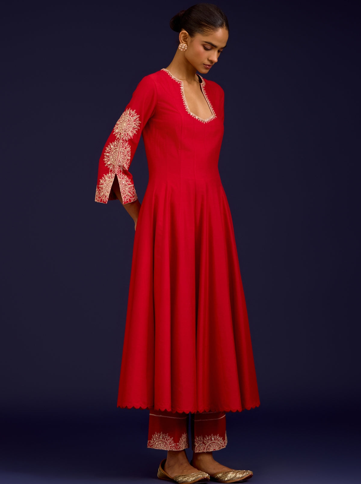 Red Cotton Silk Blend Sequins, Mirror And Dori Embroidered Anarkali Set