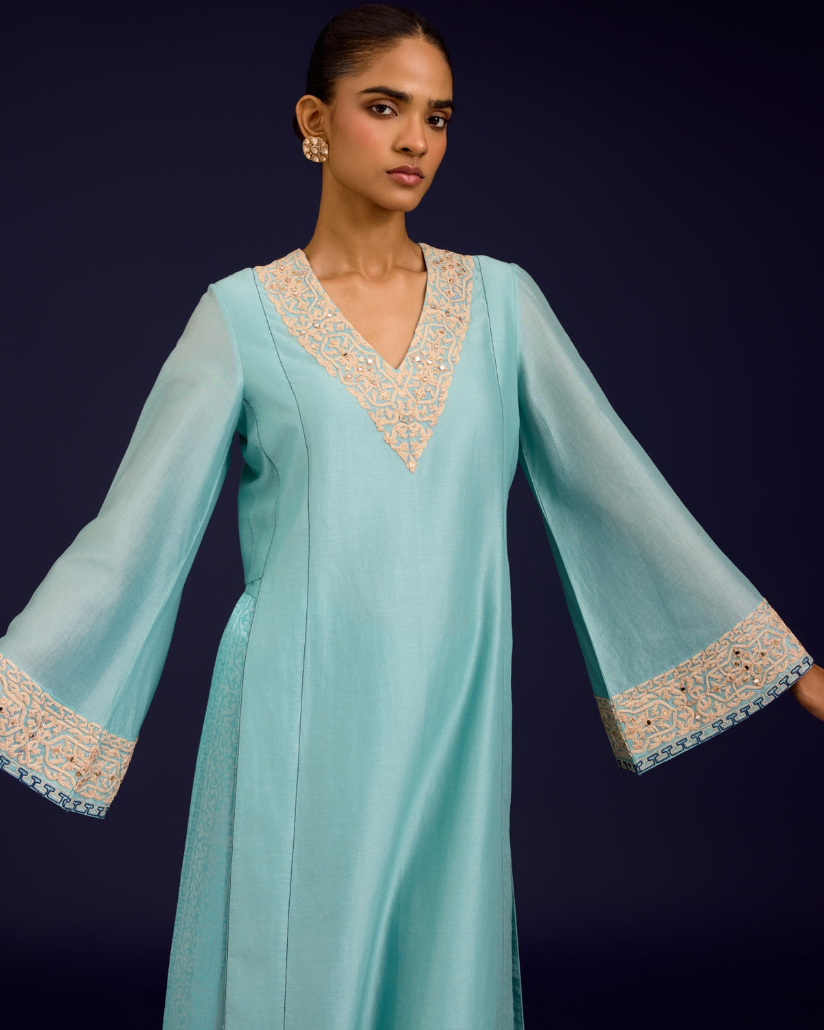 Aqua Blue Silk Chanderi Sequins, Mirror And Dori Embroidered Kurta Set