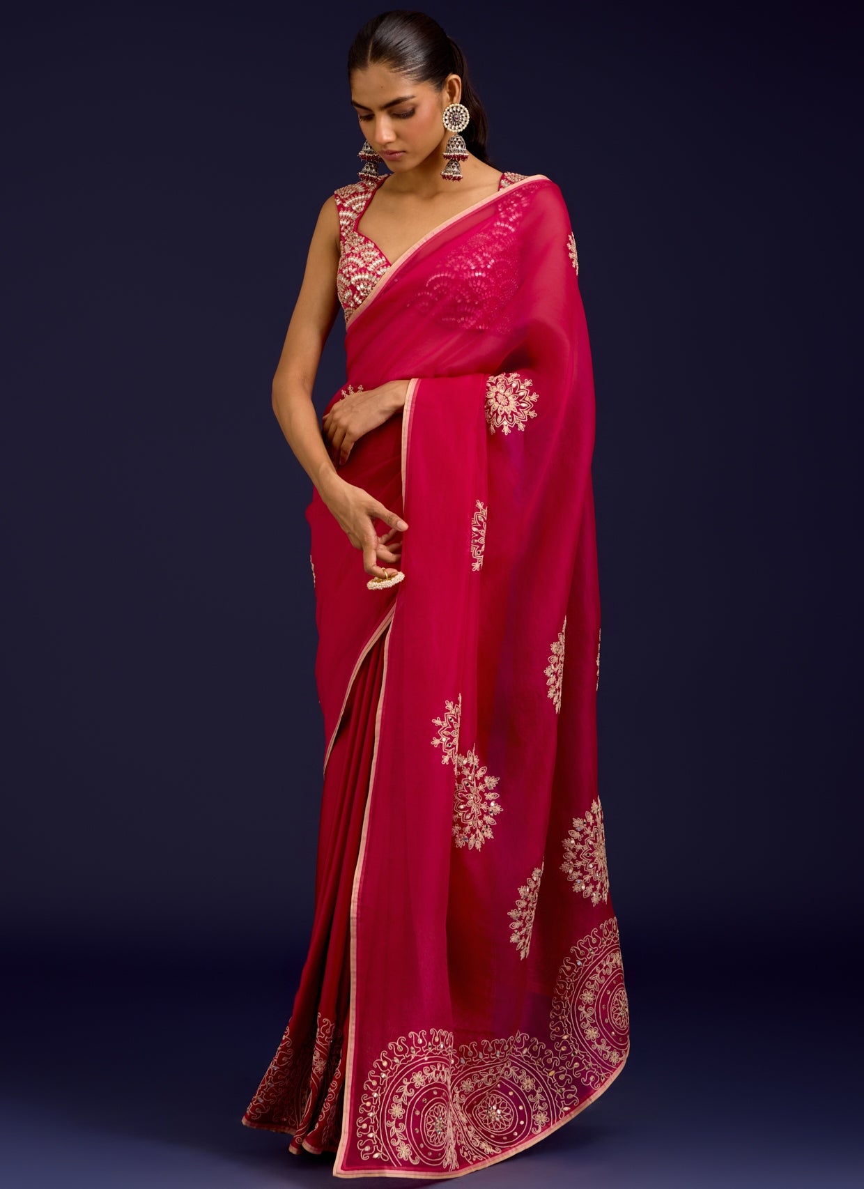 Fuchsia Embroidered Modal Satin Sari Set