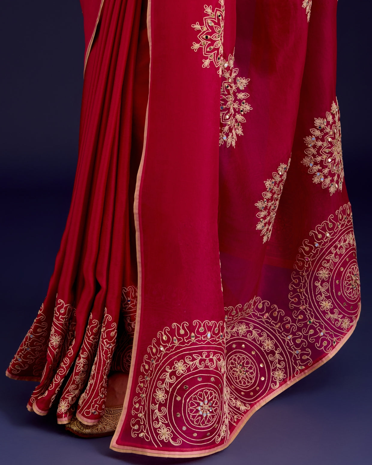 Fuchsia Embroidered Modal Satin Sari Set
