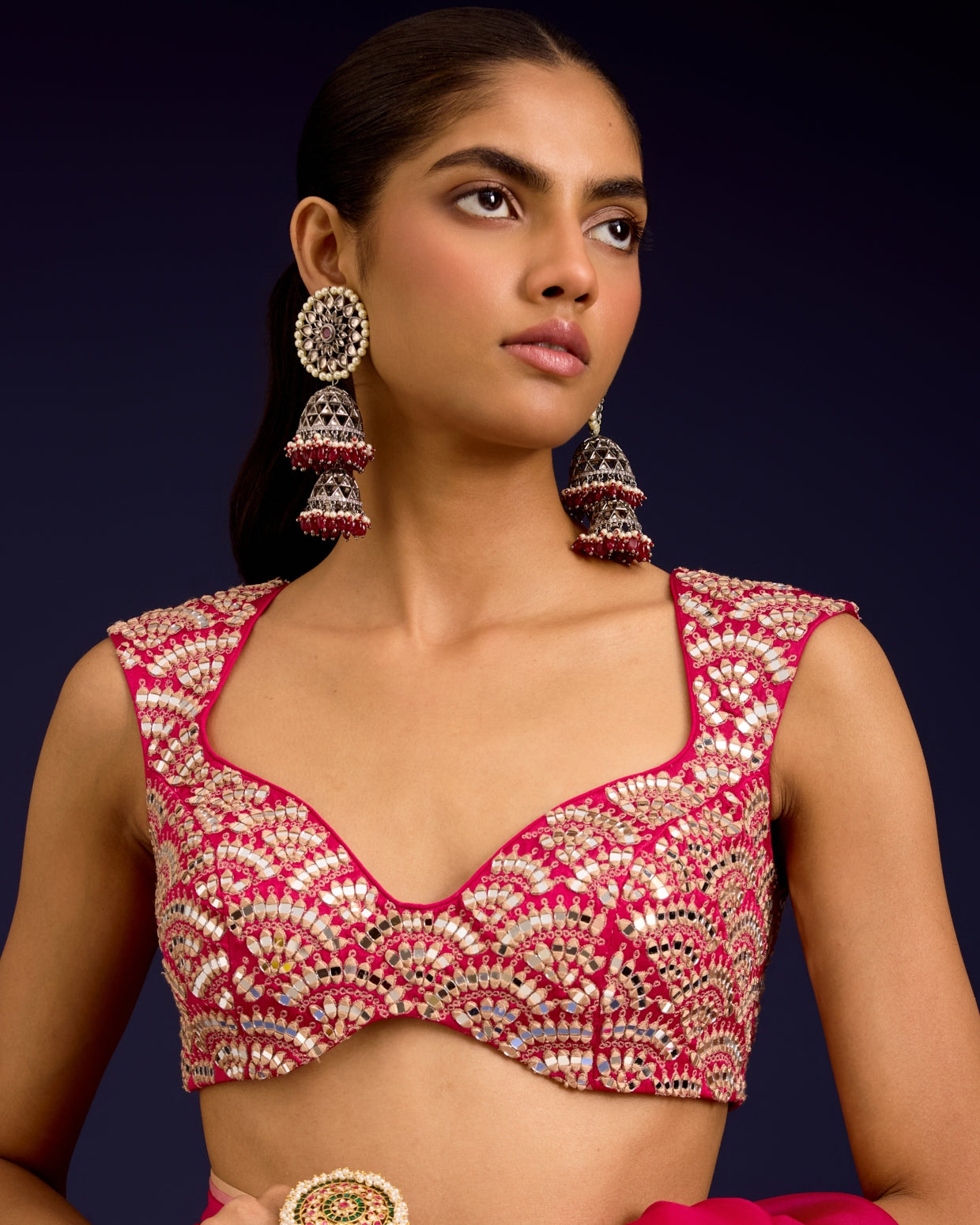 Fuchsia Embroidered Modal Satin Sari Set