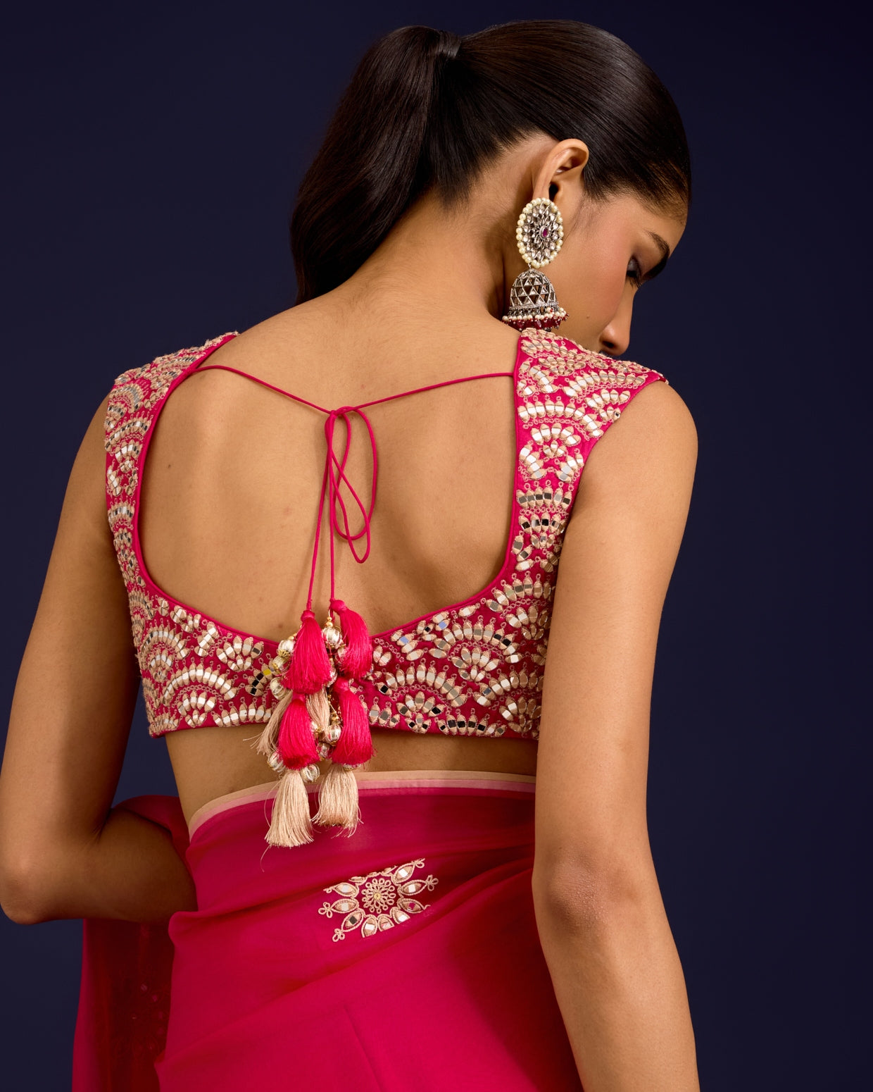 Fuchsia Embroidered Modal Satin Sari Set
