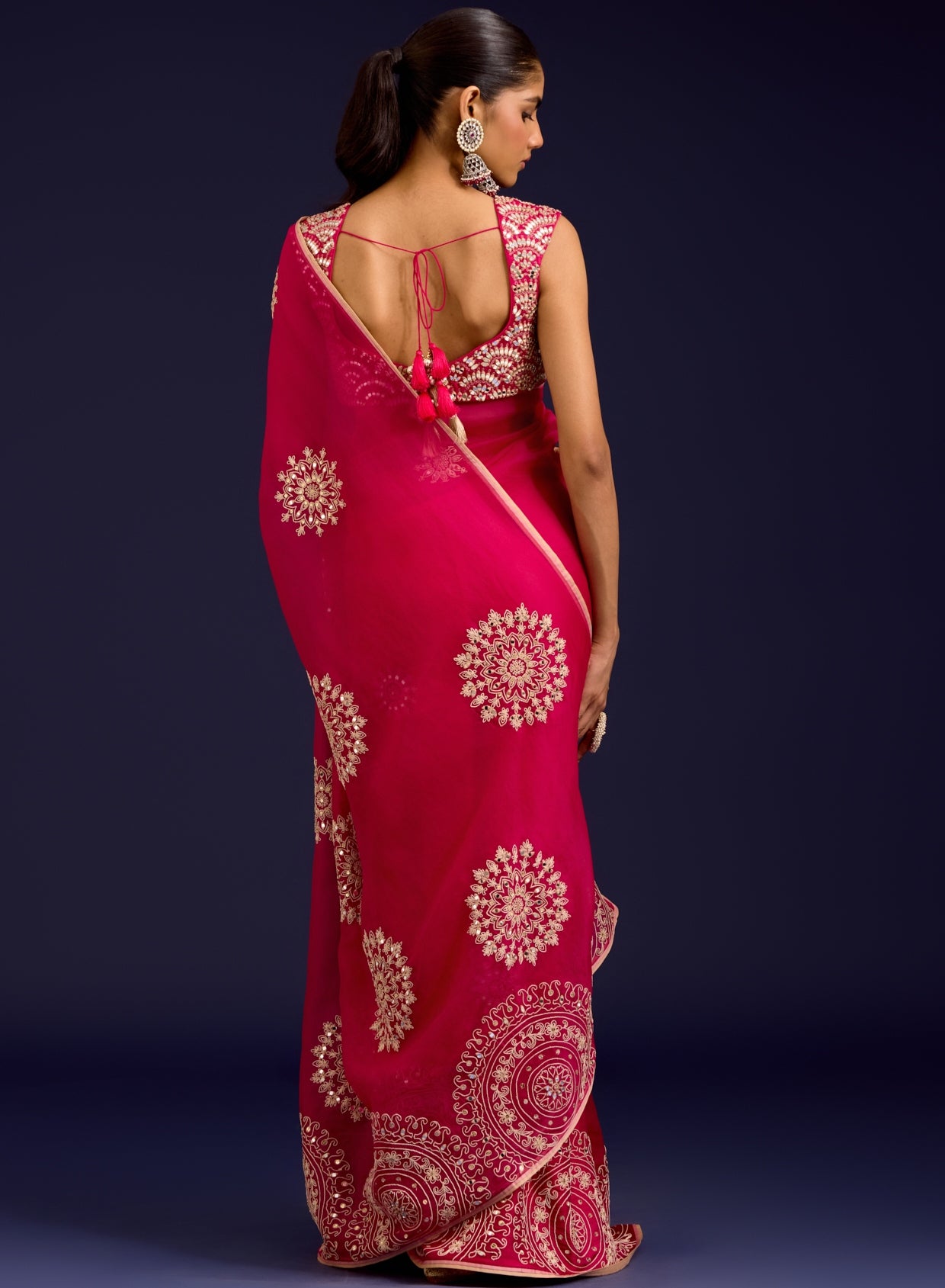 Fuchsia Embroidered Modal Satin Sari Set