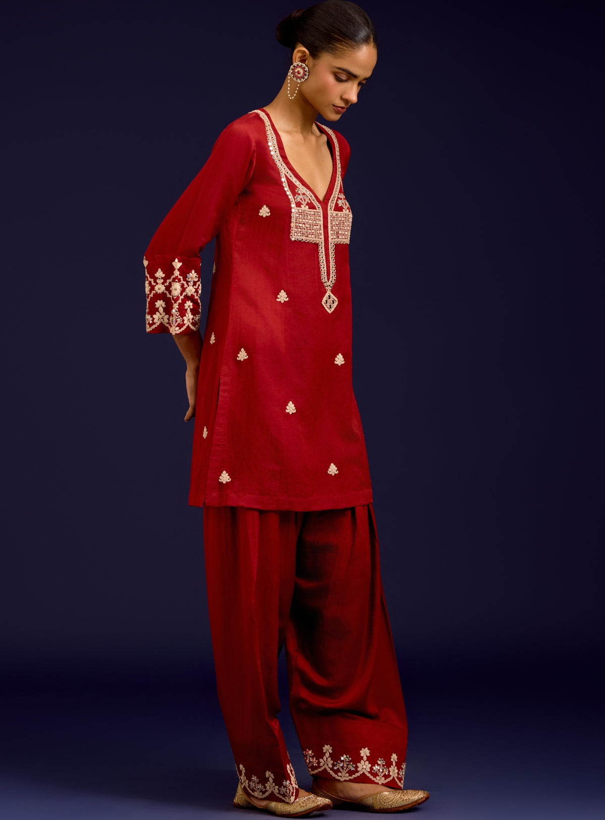 Rust Cotton Satin Sequins, Mirror And Dori Embroidered Kurta Set