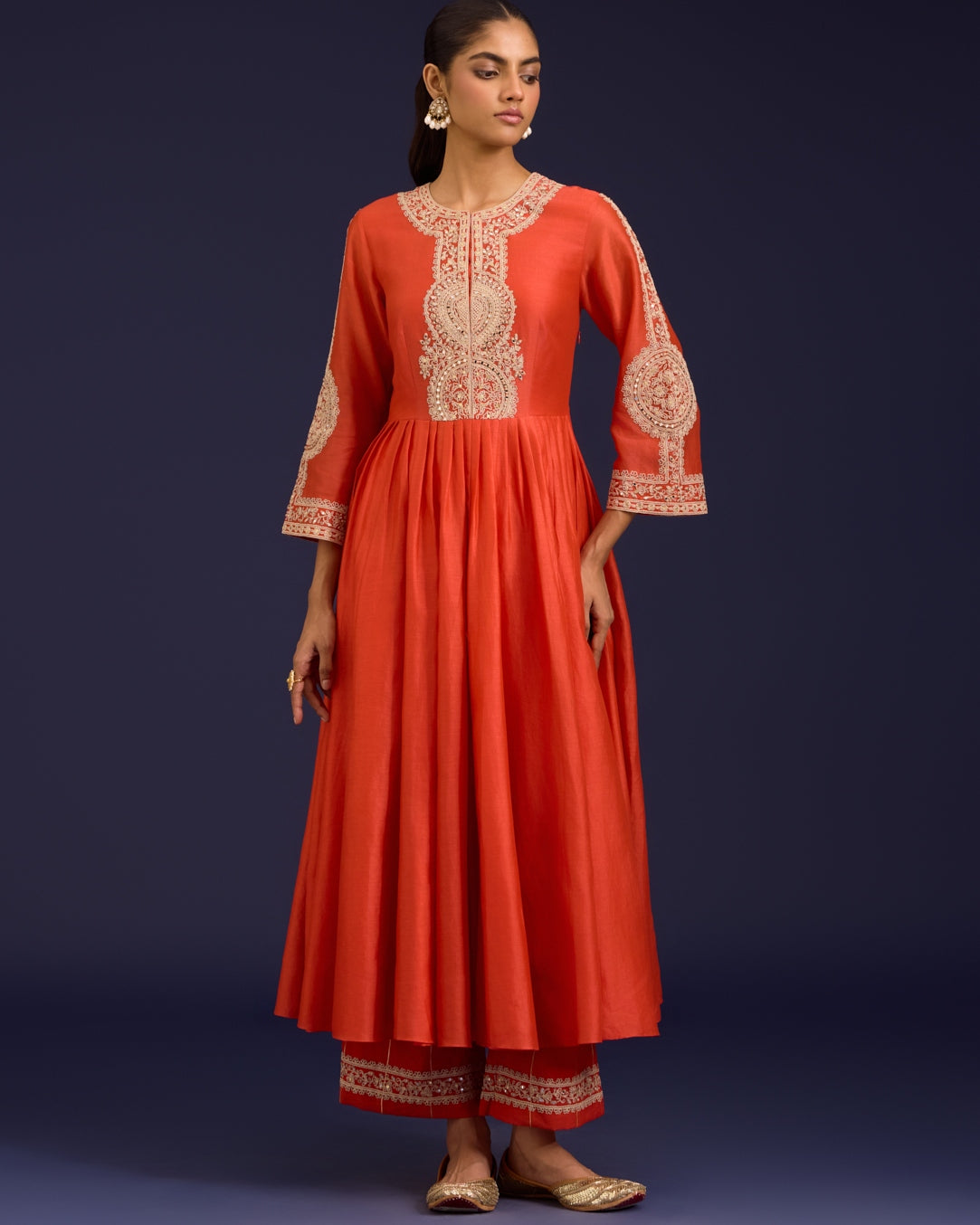Orange Silk Chanderi Sequins, Mirror And Dori Embroidered Anarkali Set