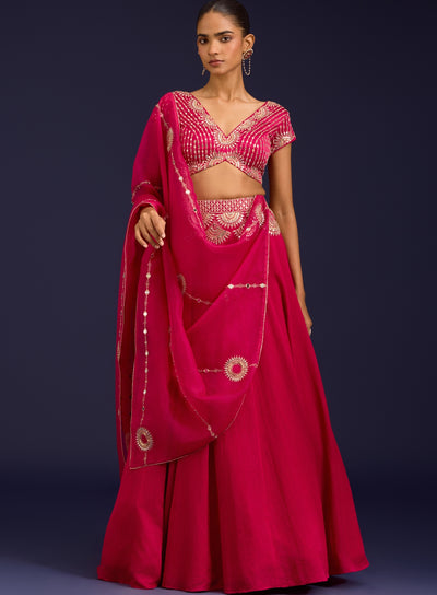 Fuchsia Embroidered Georgette Lehenga Set