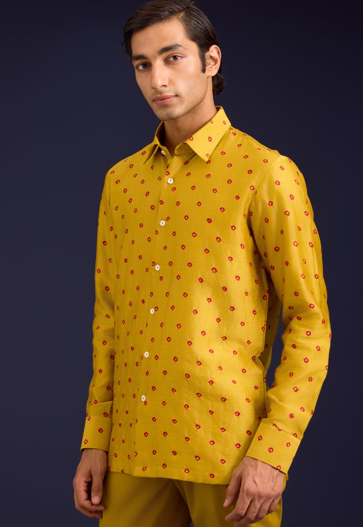 Mustard Chanderi Bandhej And Linen Satin Bandi Set