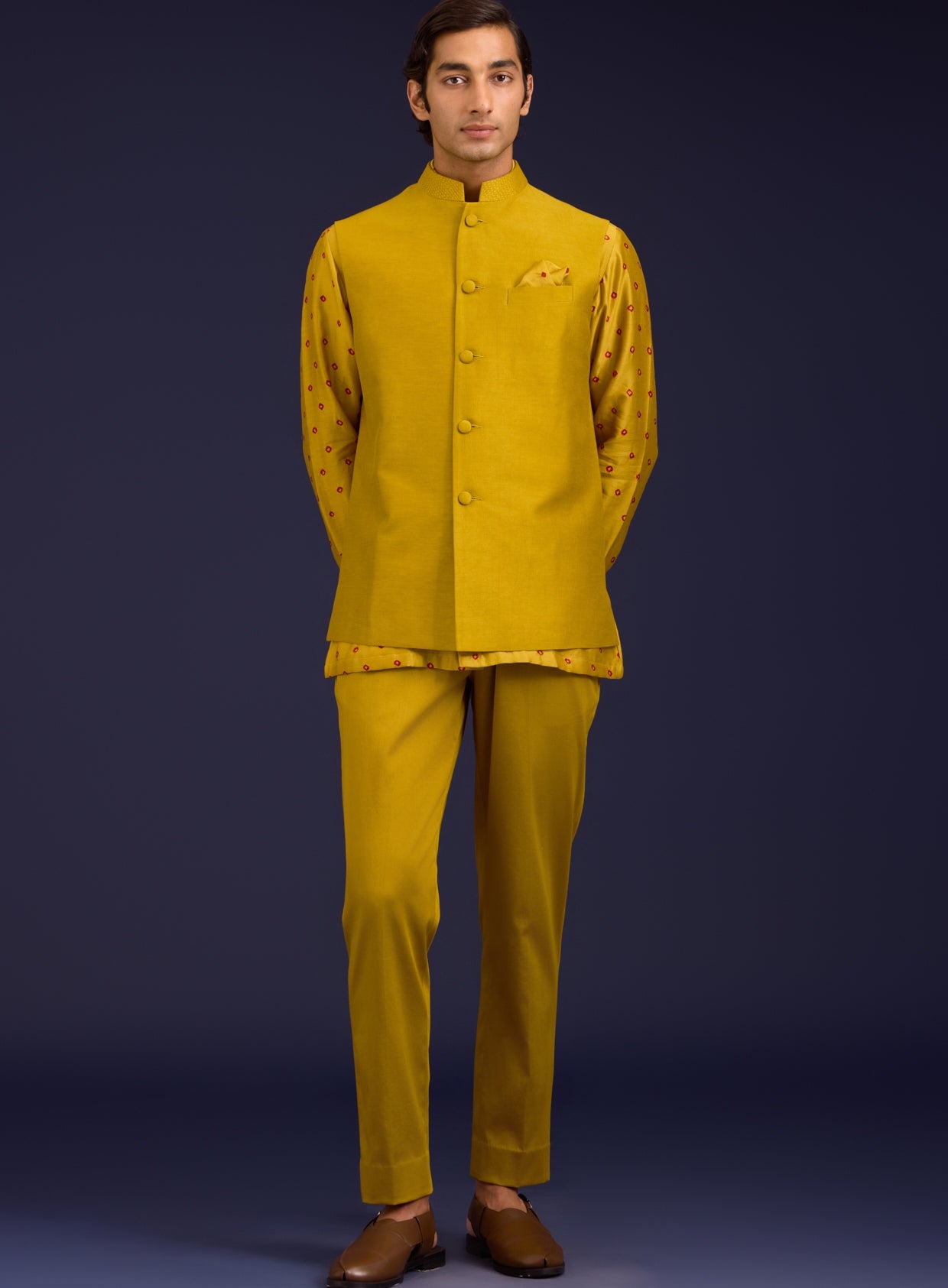 Mustard Chanderi Bandhej And Linen Satin Bandi Set