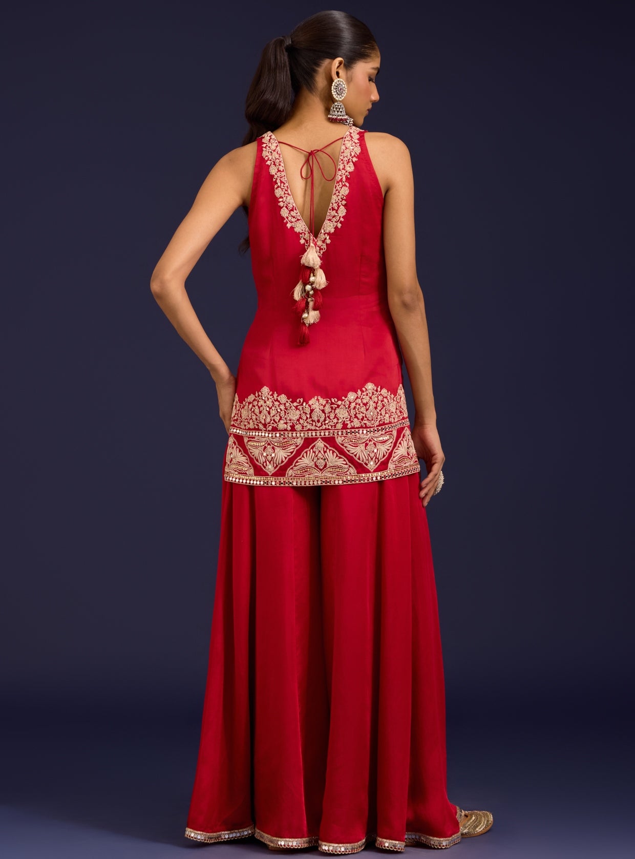 Red Embroidered Modal Satin Sharara Set