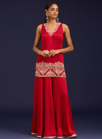 Red Embroidered Modal Satin Sharara Set