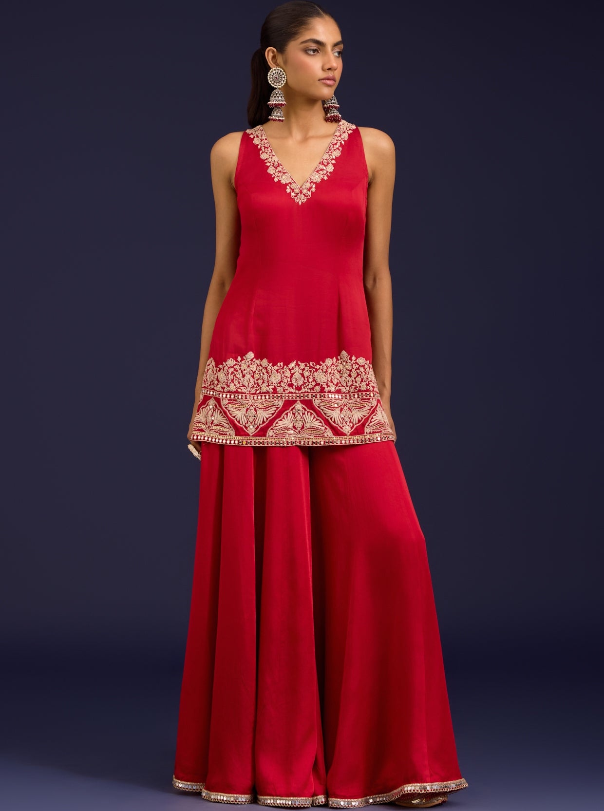 Red Embroidered Modal Satin Sharara Set