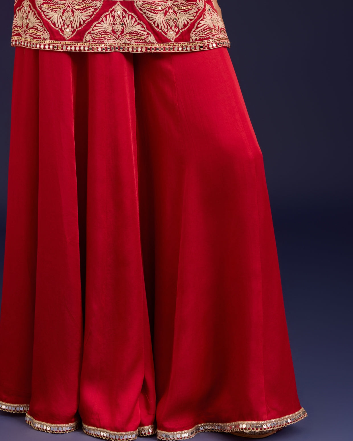 Red Embroidered Modal Satin Sharara Set