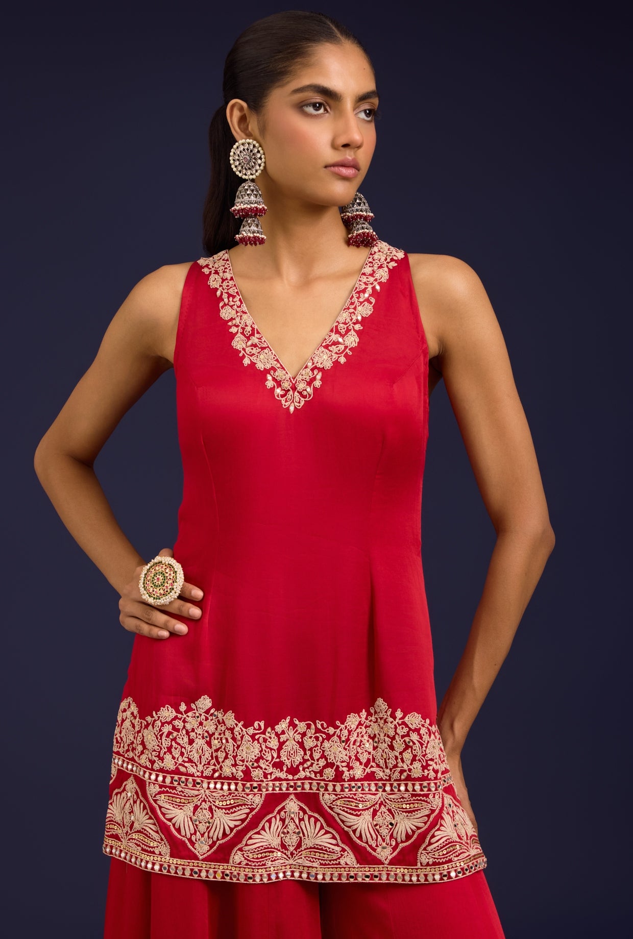 Red Embroidered Modal Satin Sharara Set