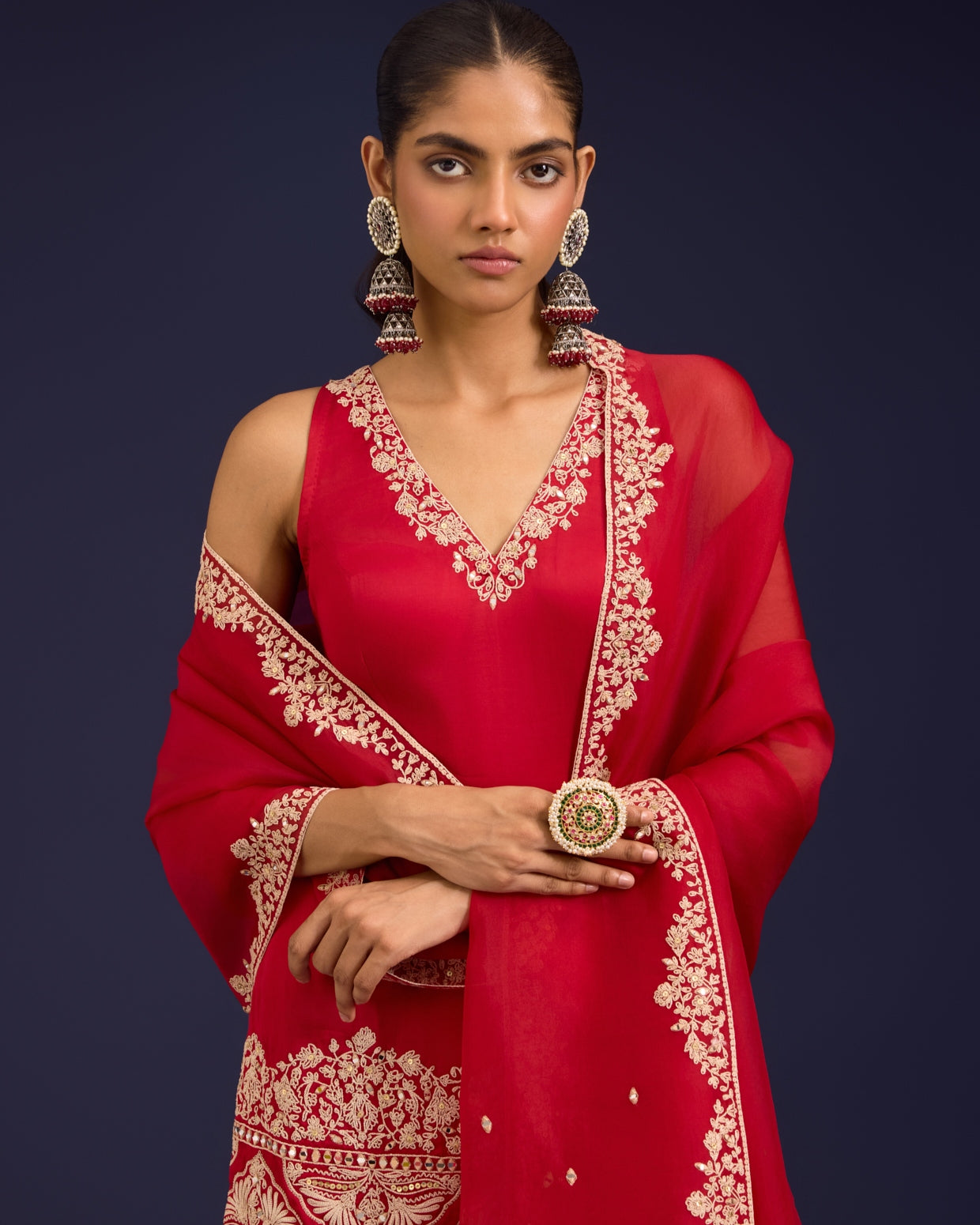 Red Embroidered Modal Satin Sharara Set