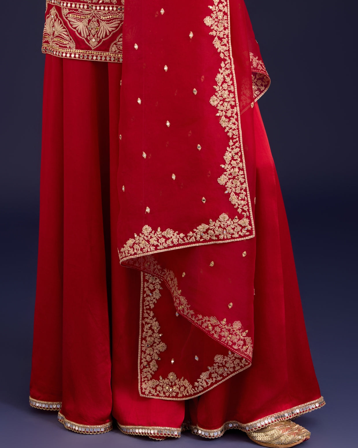 Red Embroidered Modal Satin Sharara Set