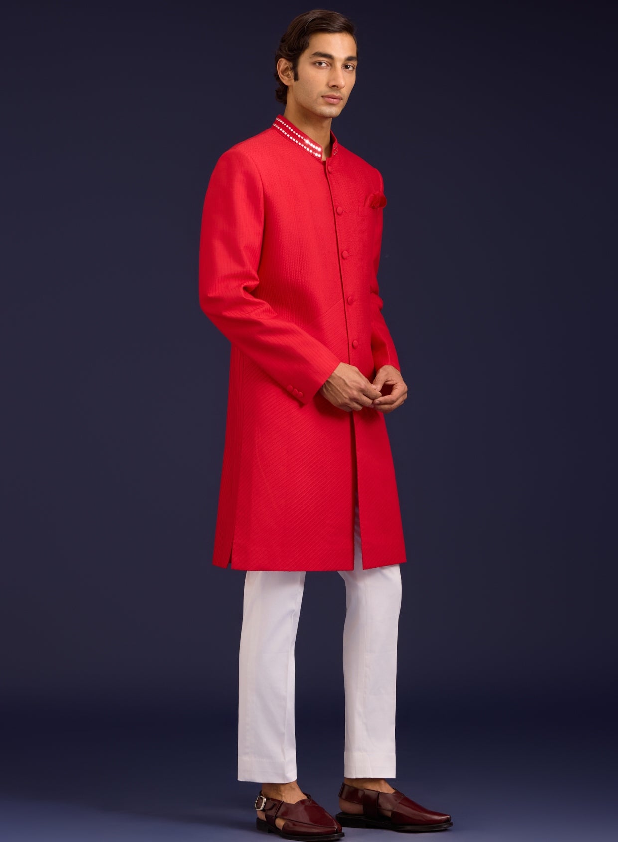 Red Cotton Silk Mirror Work Sherwani Set